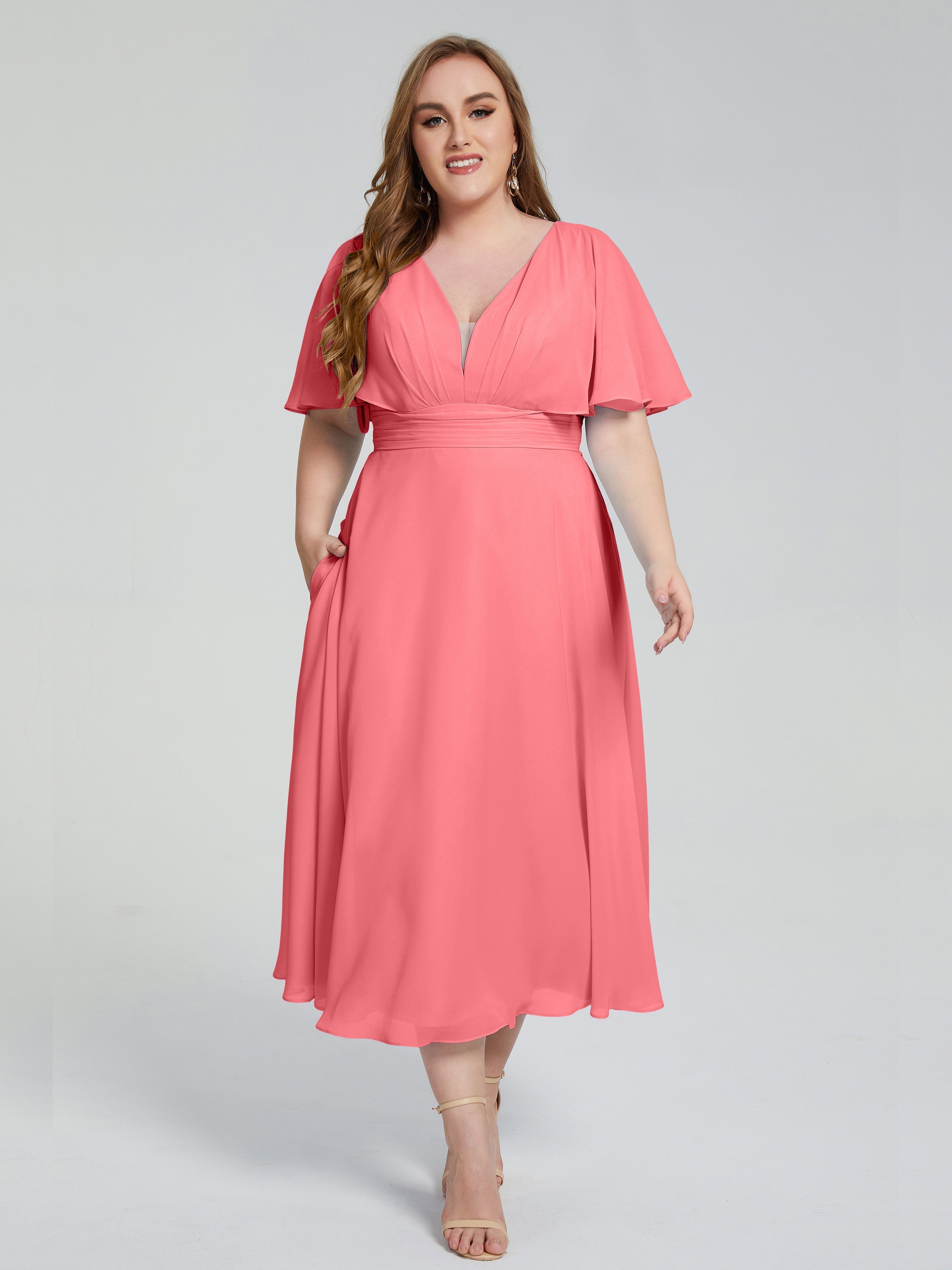 Lucia V-neck Plus Size Bridesmaid Dresses with Sleeves