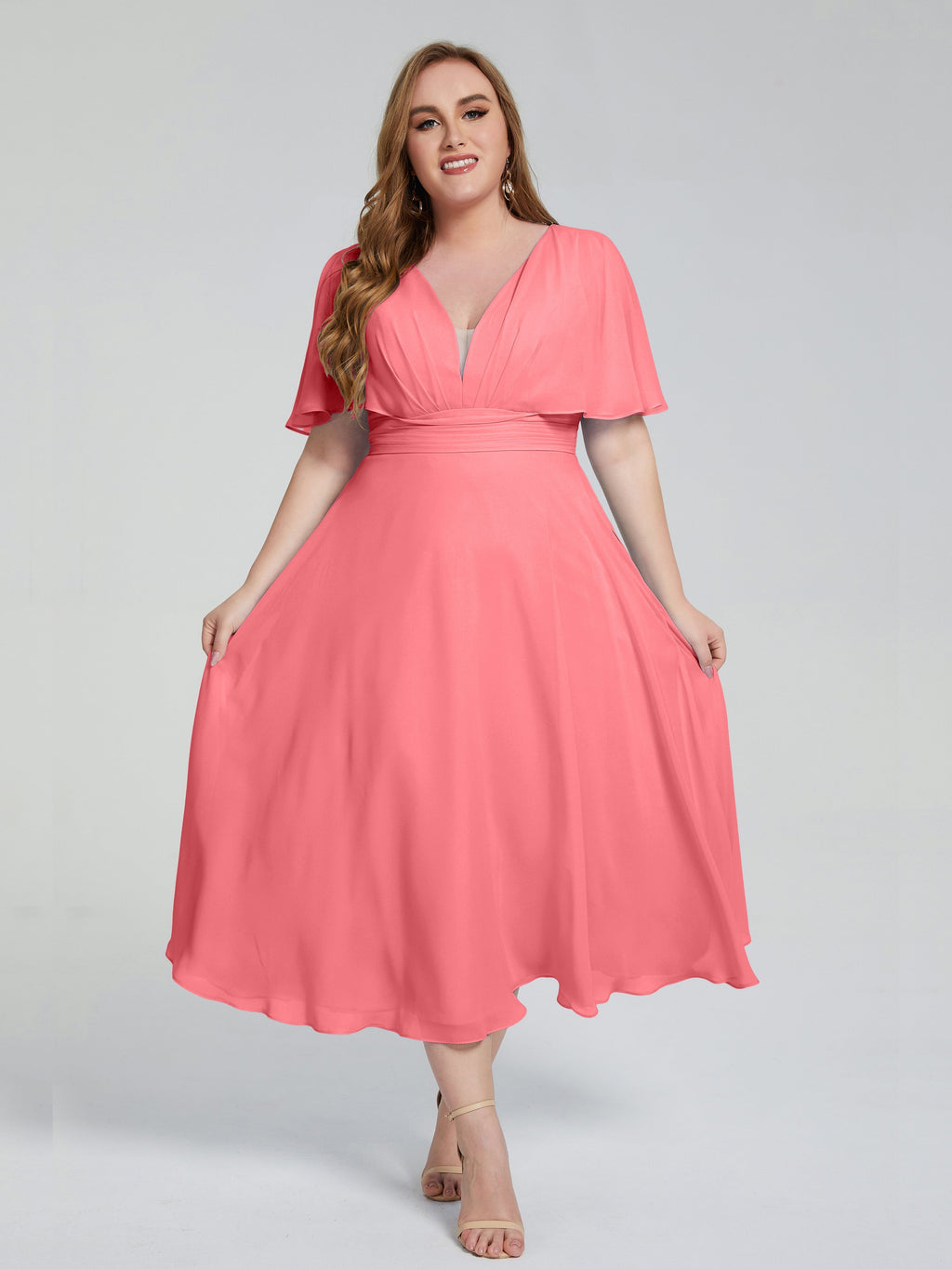 Lucia V-neck Plus Size Bridesmaid Dresses with Sleeves