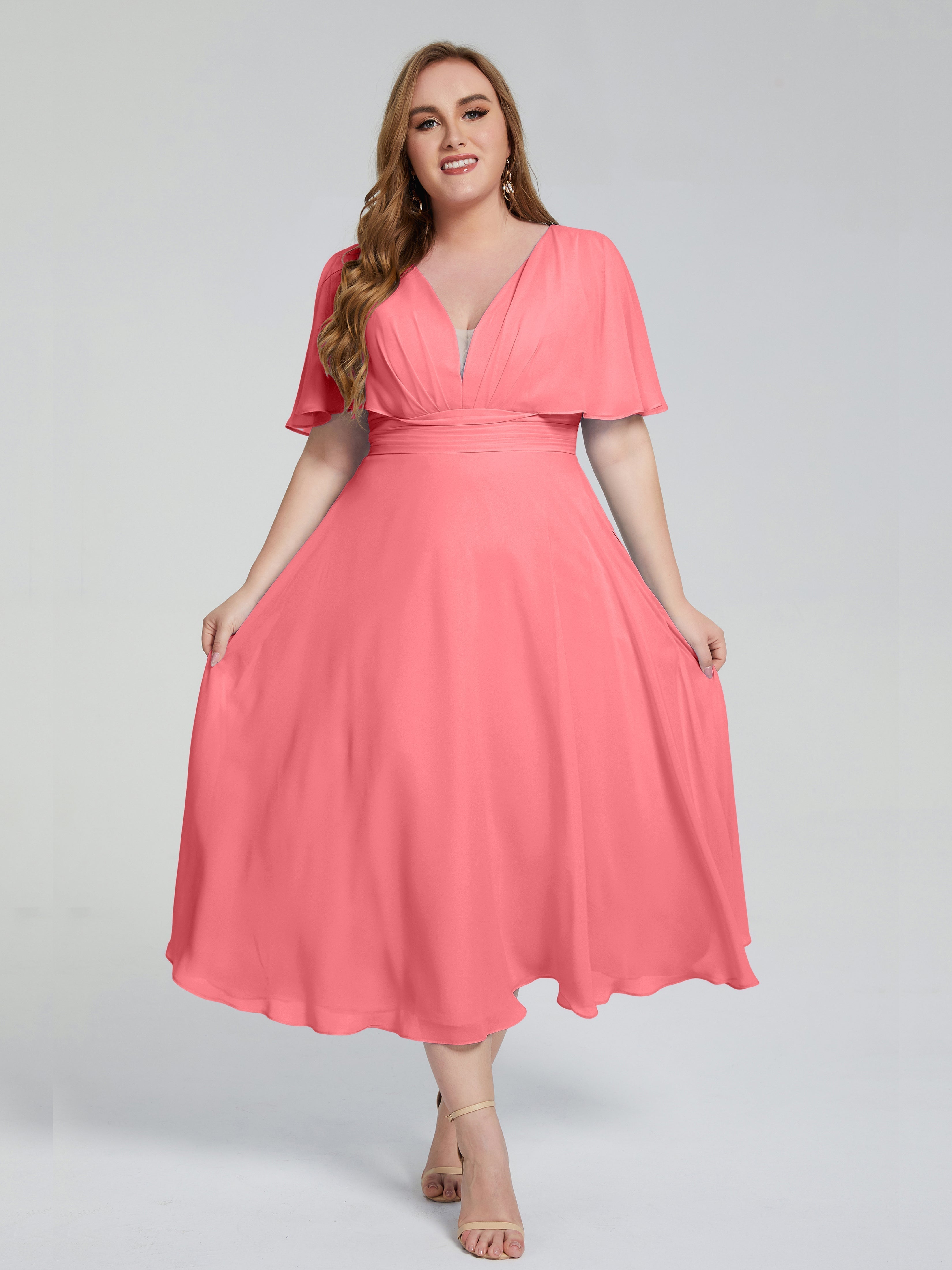 Lucia V-neck Plus Size Bridesmaid Dresses with Sleeves