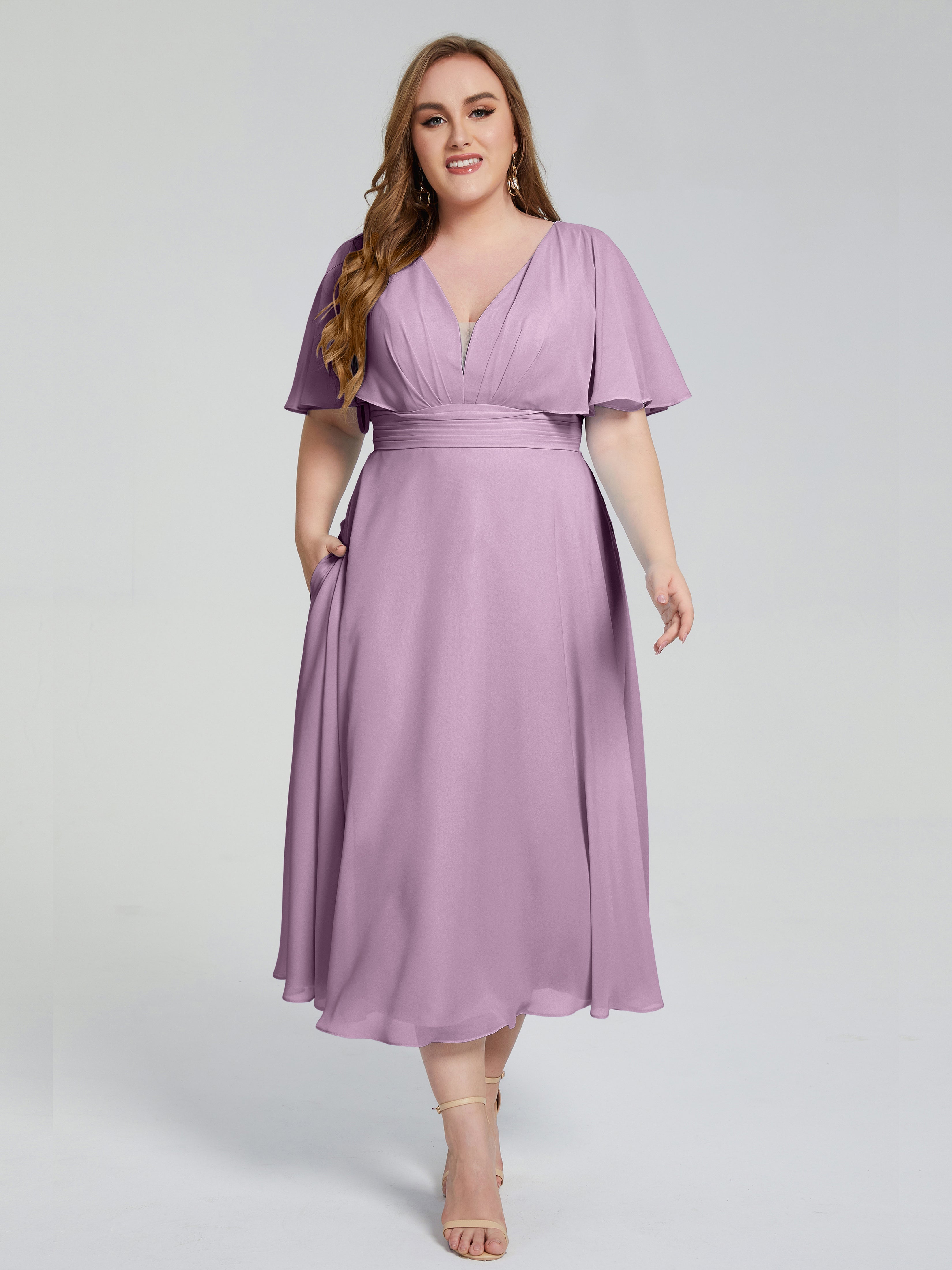 Lucia V-neck Plus Size Bridesmaid Dresses with Sleeves