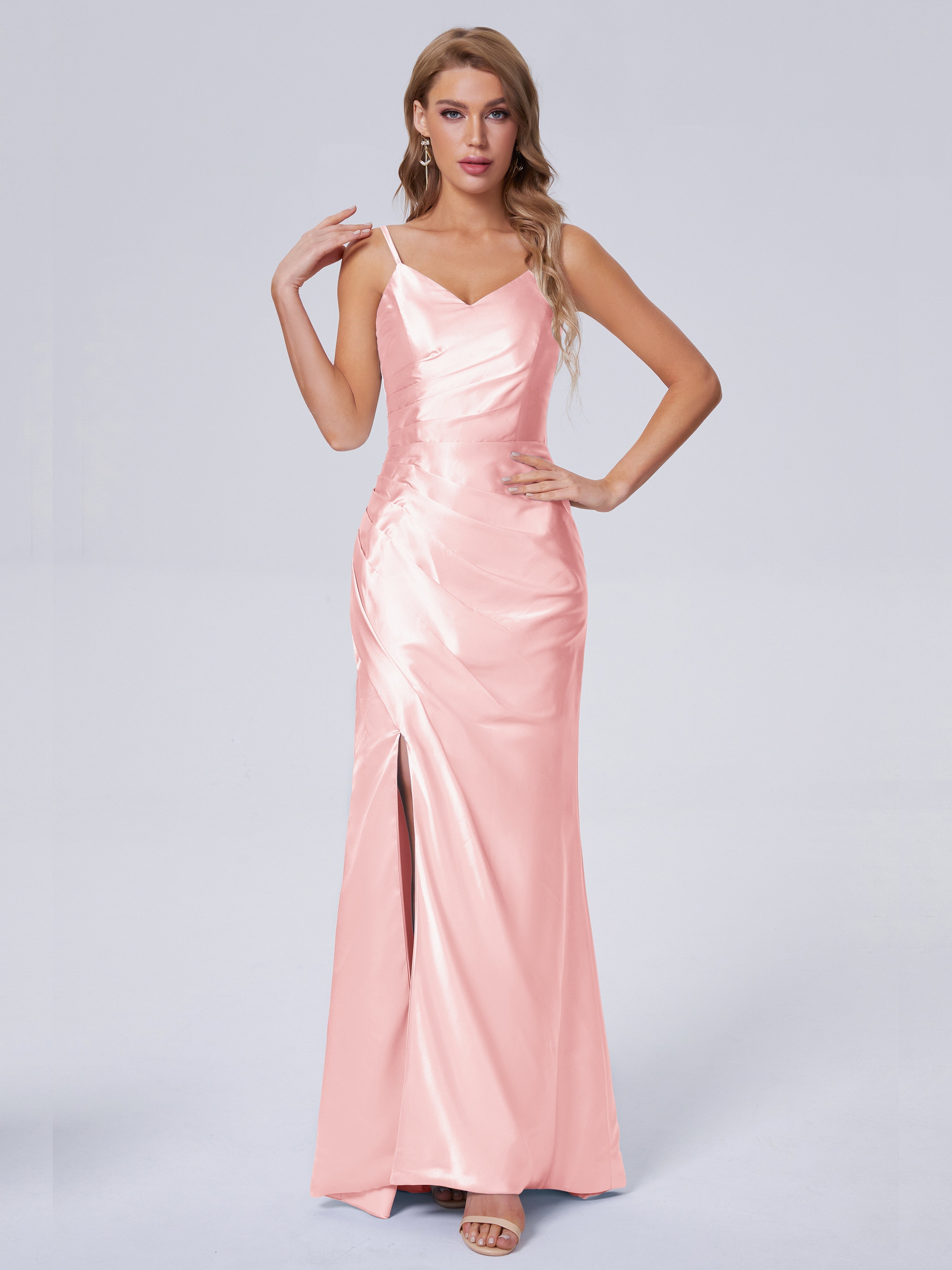 Makayla Simple Split Soft Satin Long Bridesmaid Dresses