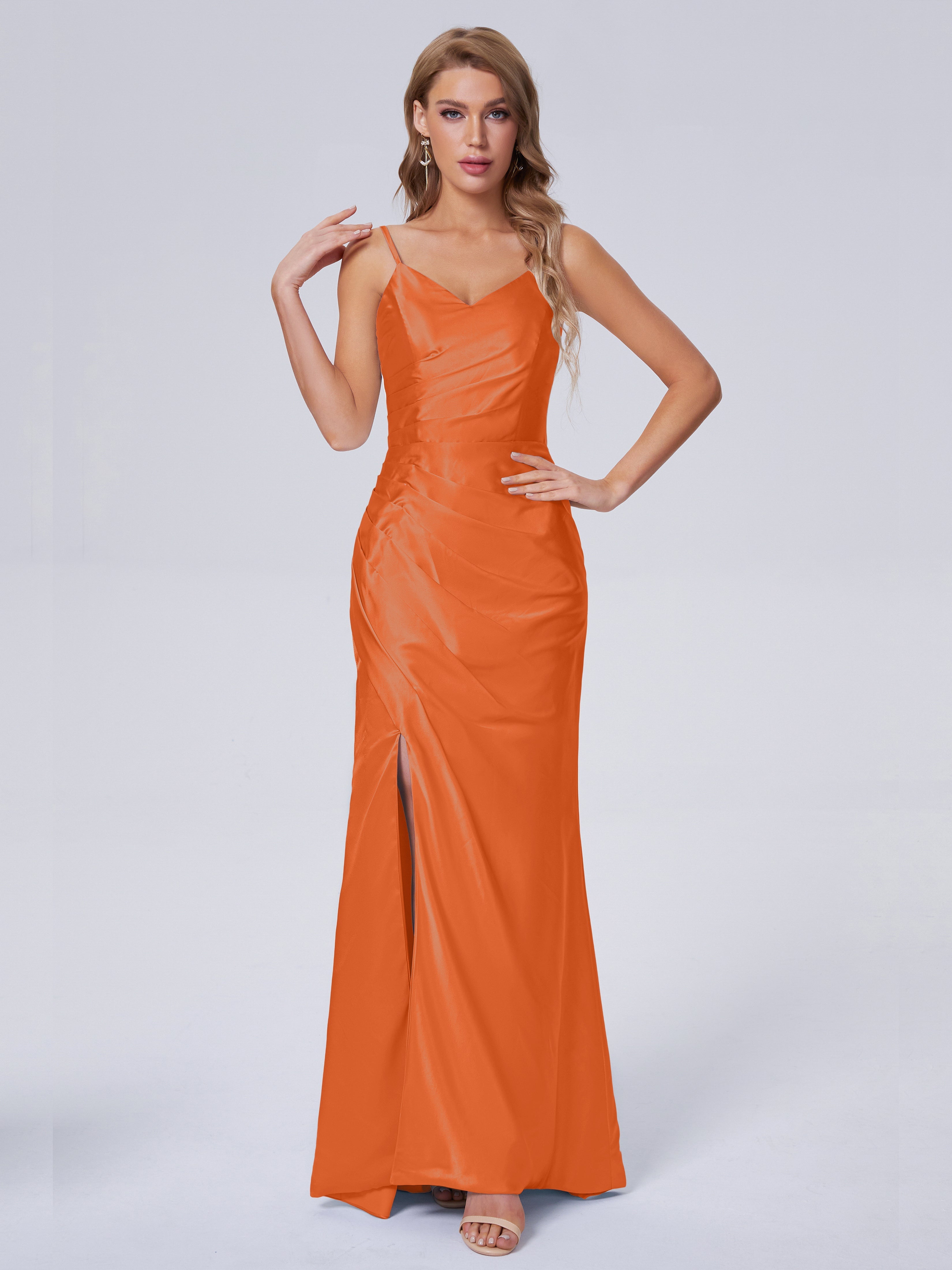 Makayla Simple Split Soft Satin Long Bridesmaid Dresses