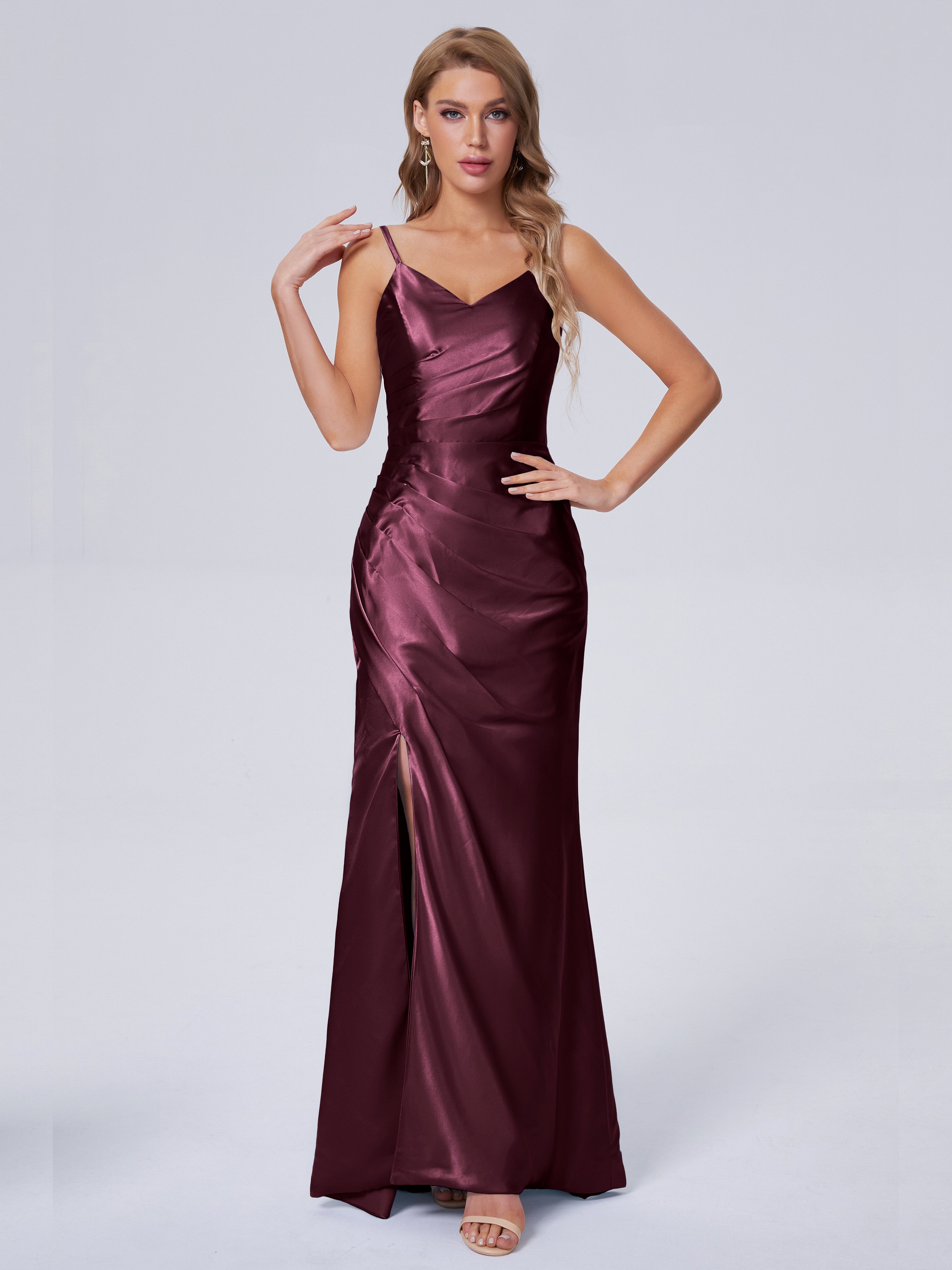Makayla Simple Split Soft Satin Long Bridesmaid Dresses