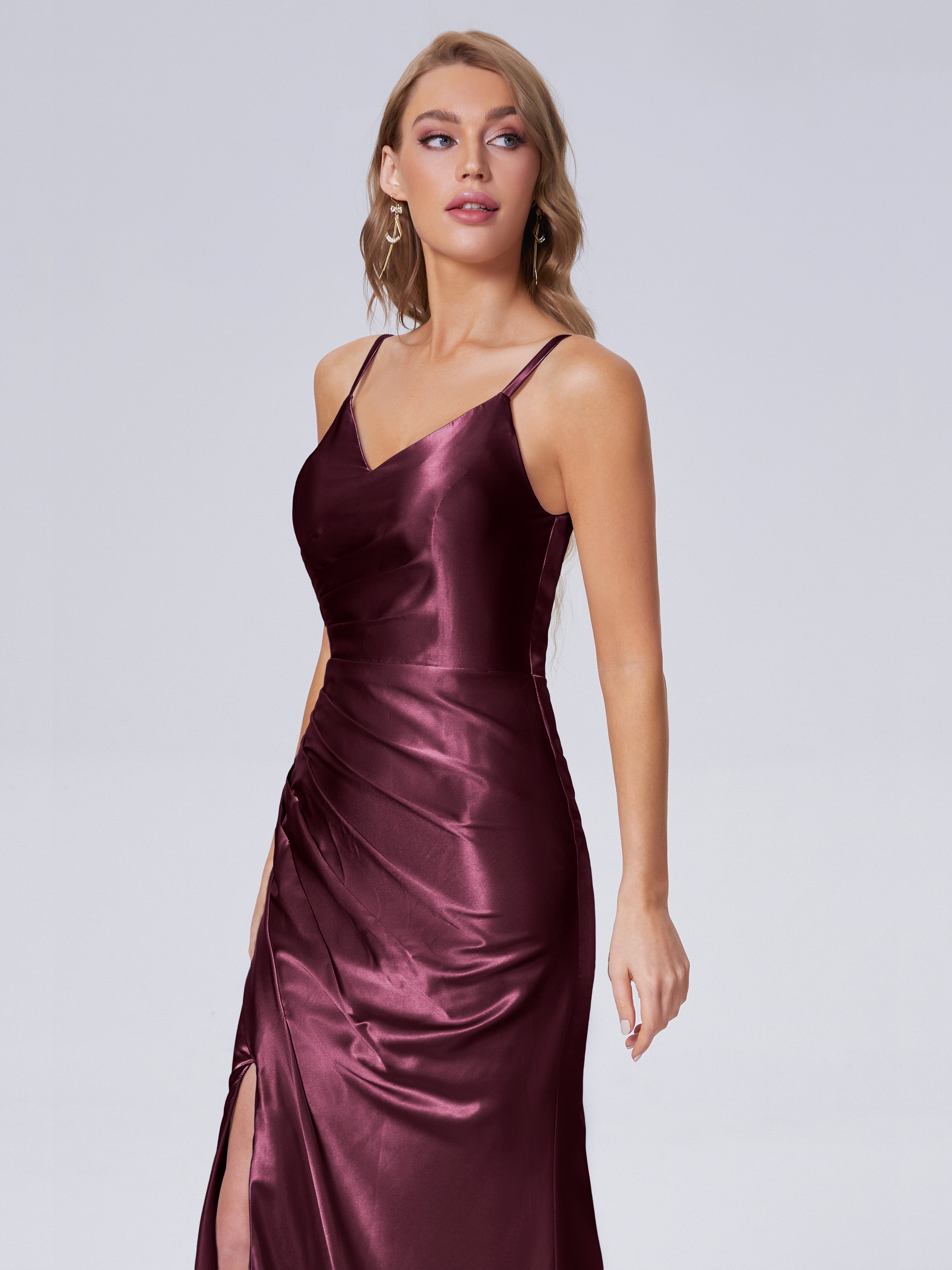Makayla Simple Split Soft Satin Long Bridesmaid Dresses