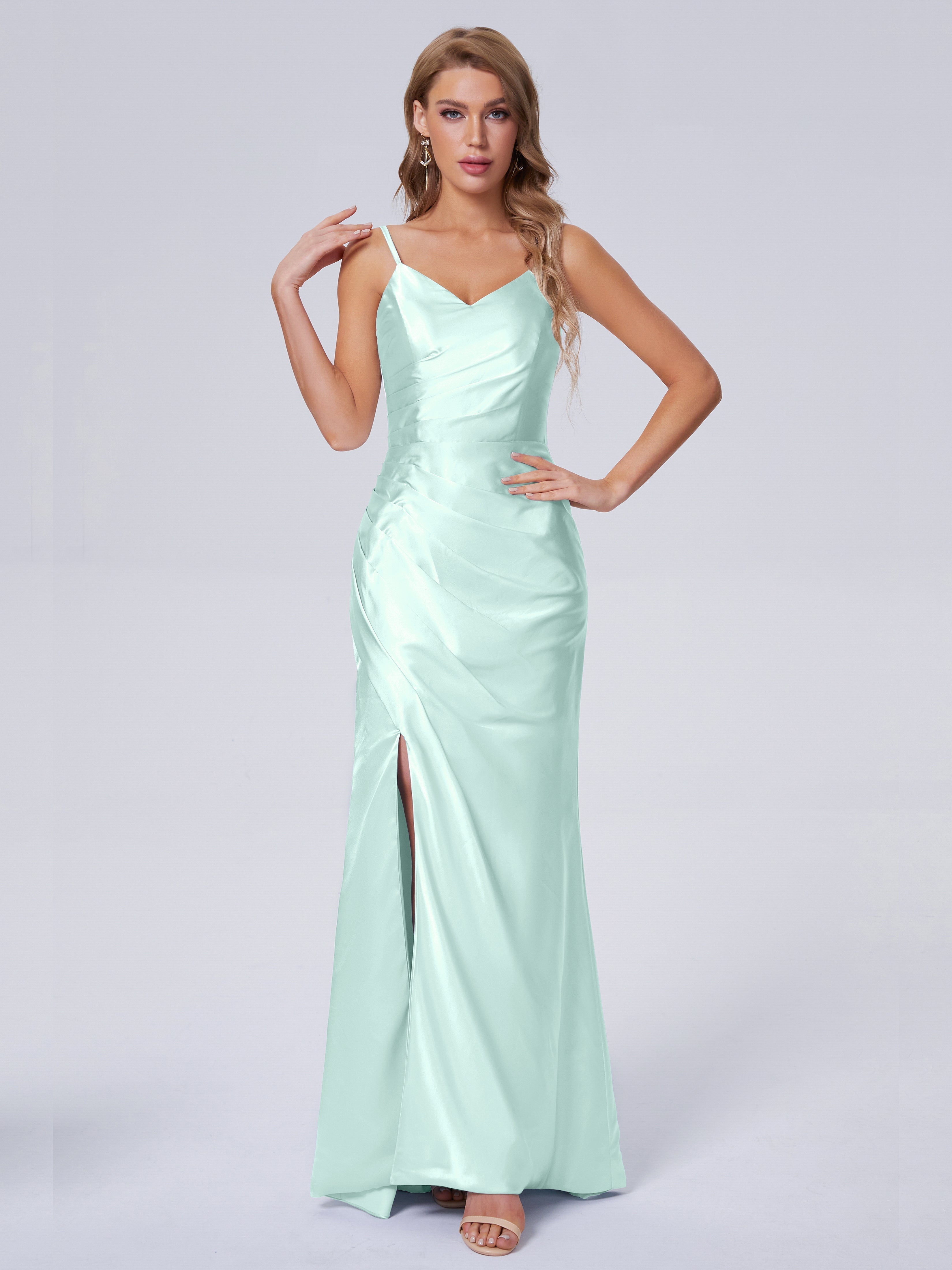 Makayla Simple Split Soft Satin Long Bridesmaid Dresses