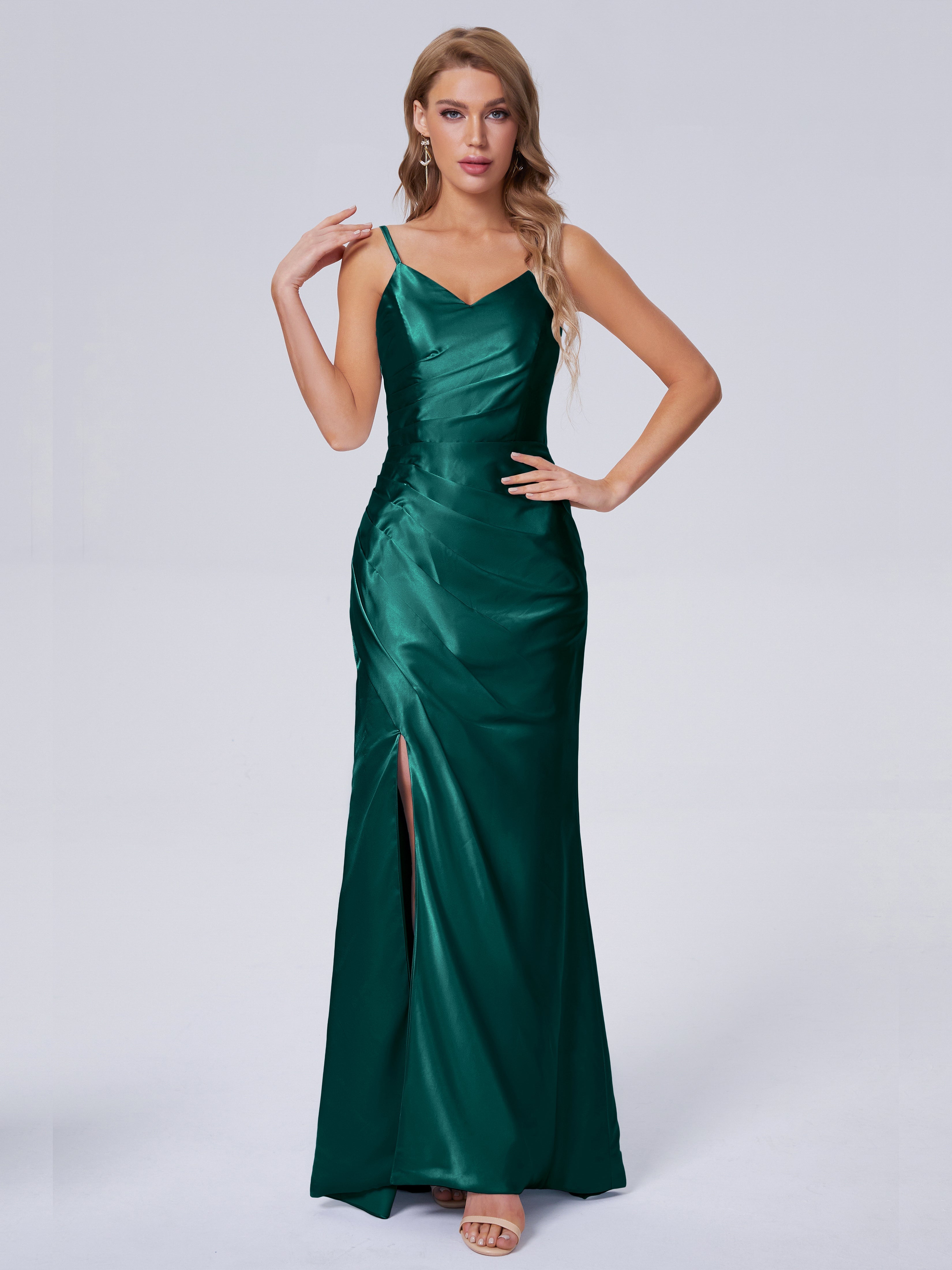 Makayla Simple Split Soft Satin Long Bridesmaid Dresses