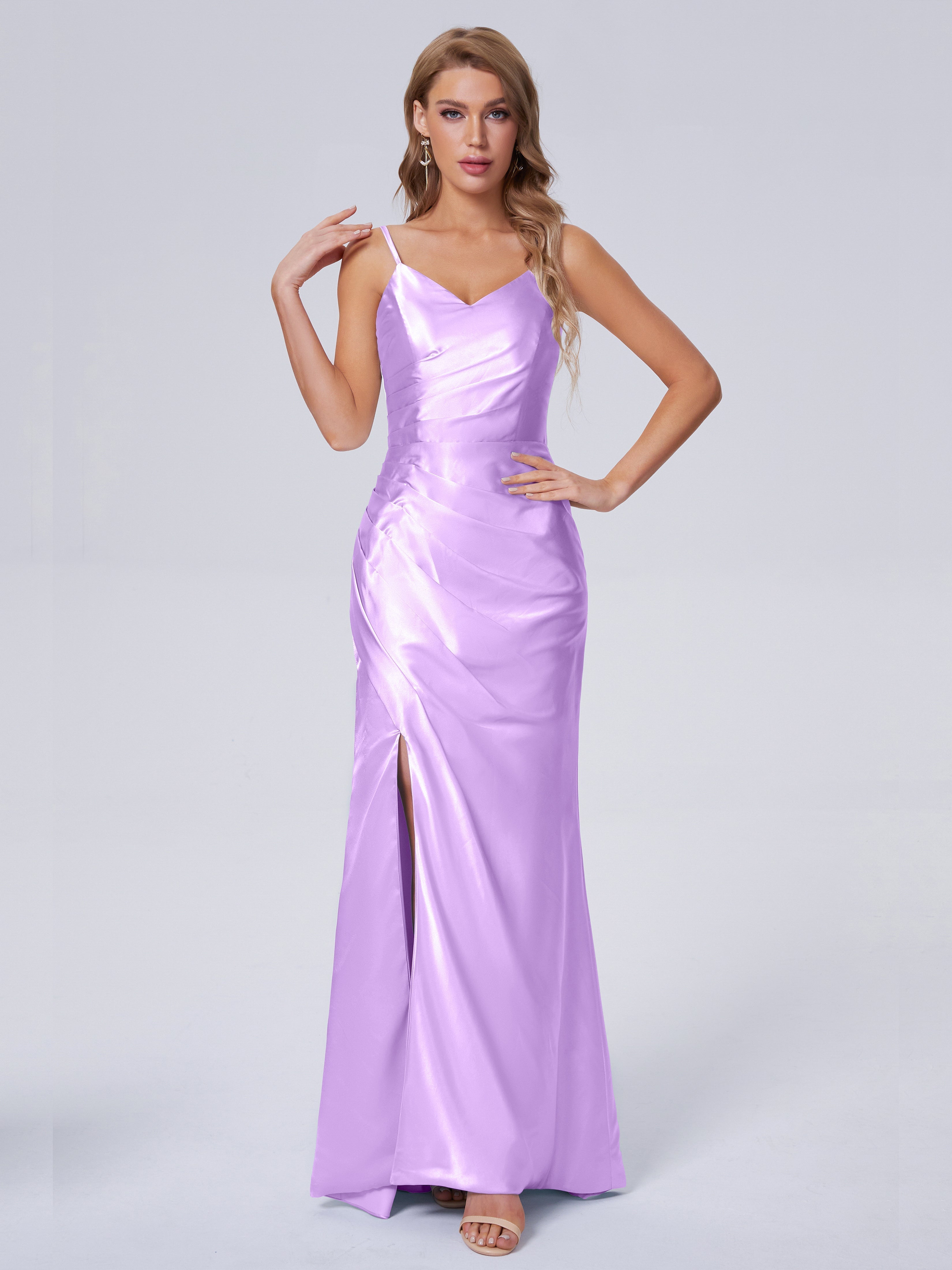 Makayla Simple Split Soft Satin Long Bridesmaid Dresses