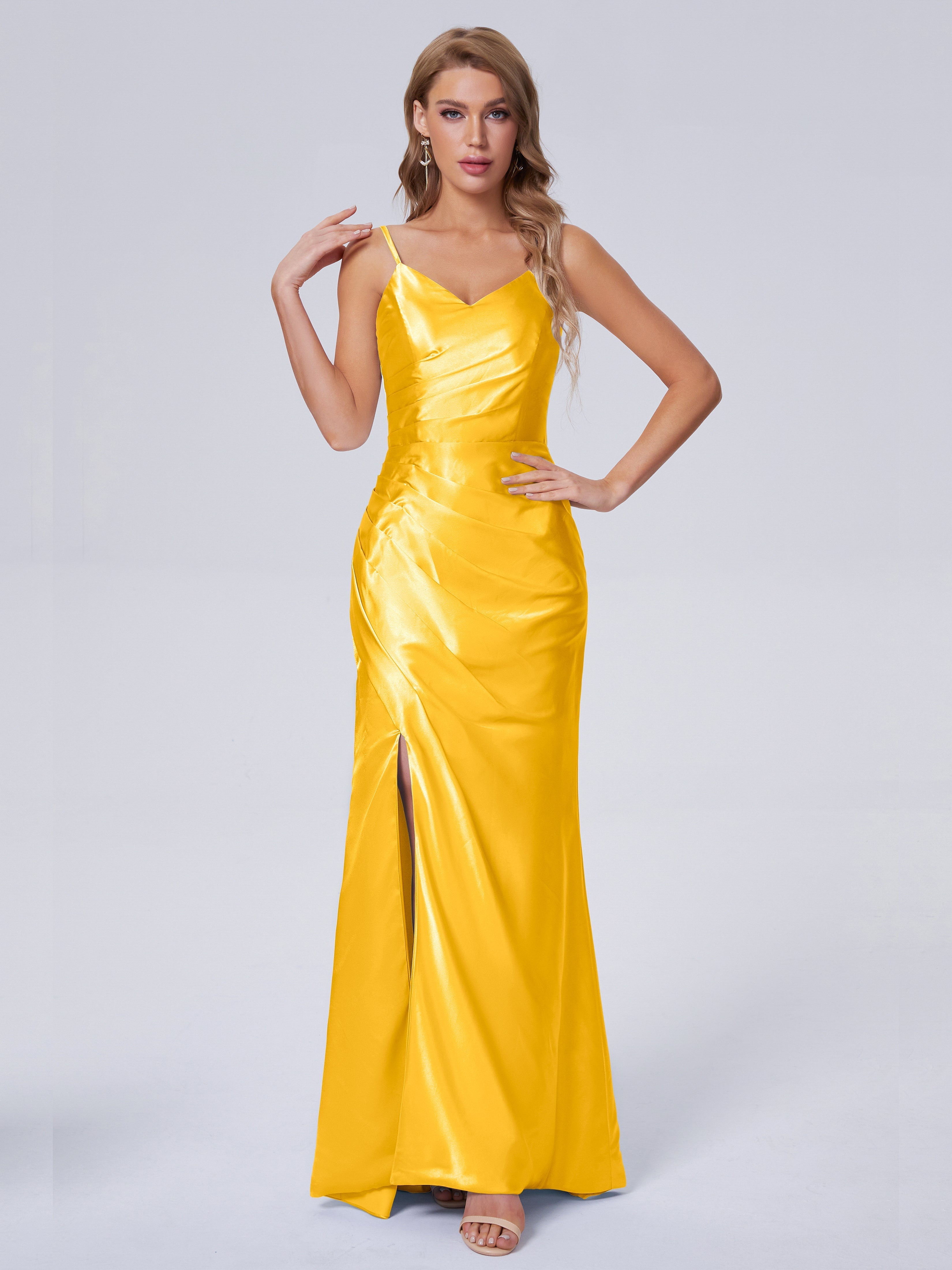 Makayla Simple Split Soft Satin Long Bridesmaid Dresses