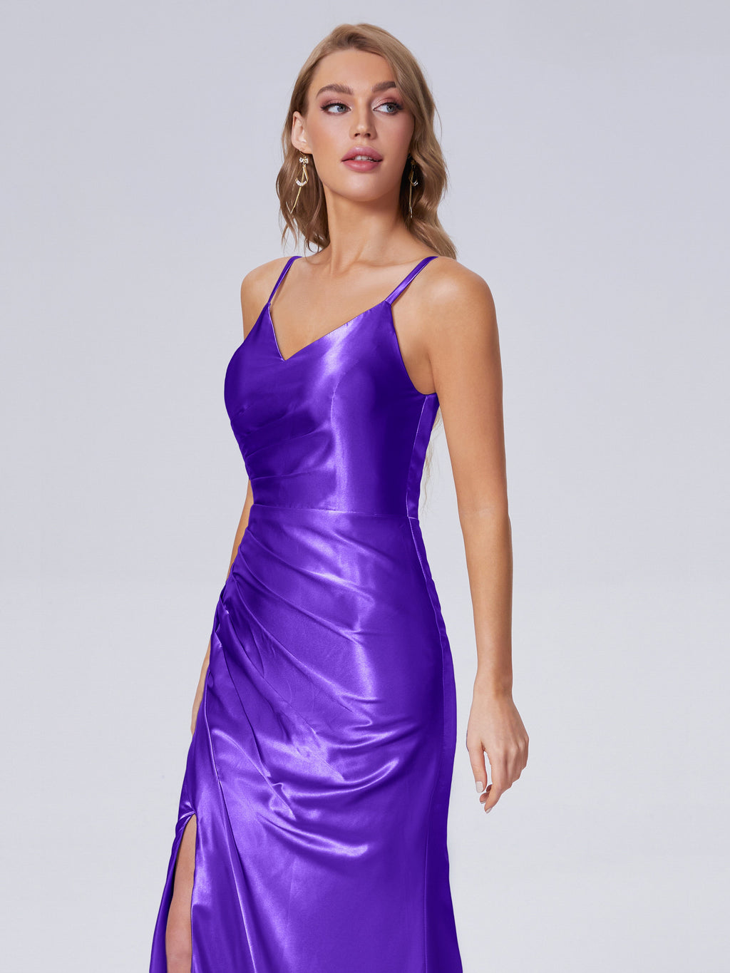 Makayla Simple Split Soft Satin Long Bridesmaid Dresses