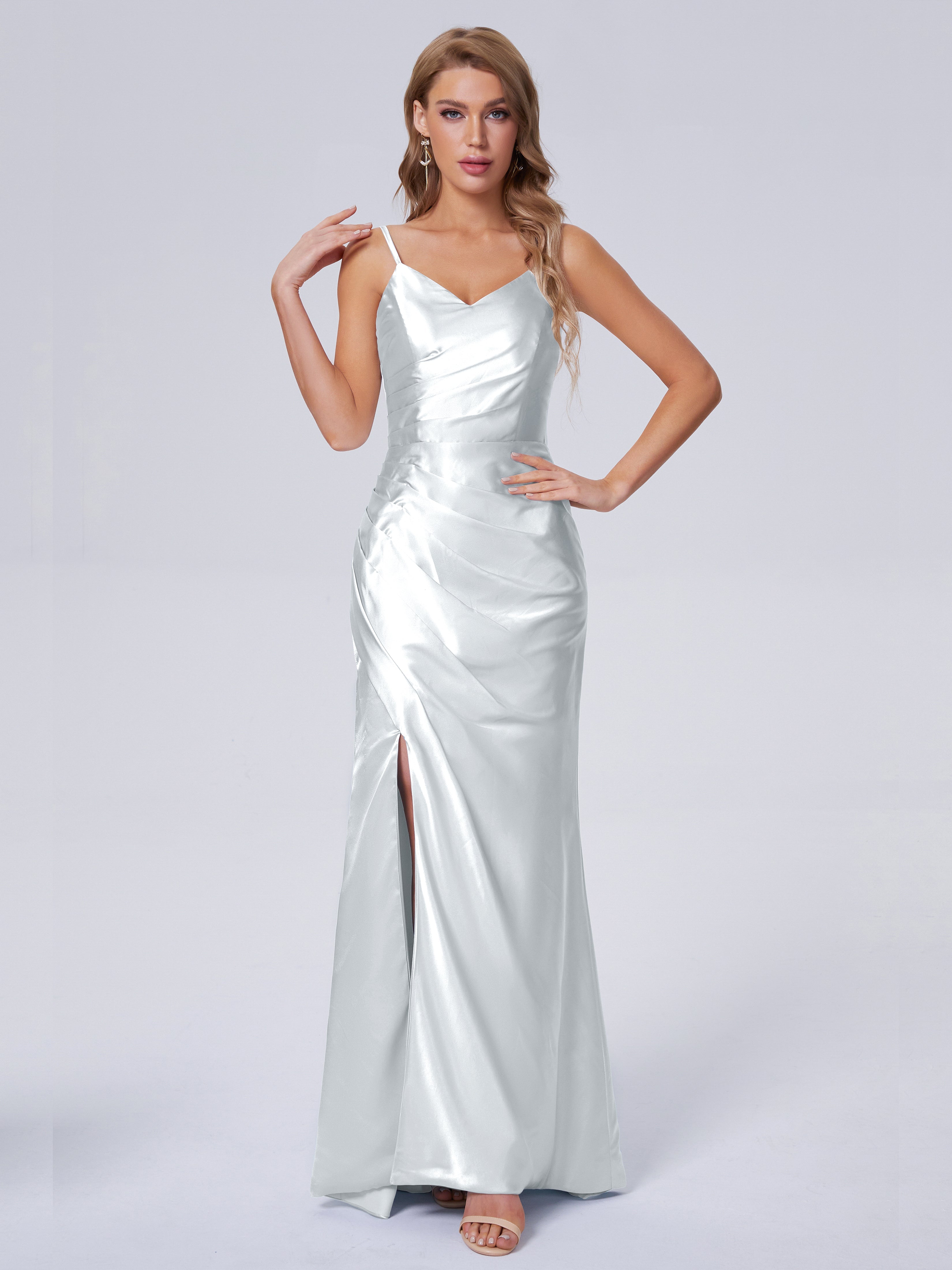Makayla Simple Split Soft Satin Long Bridesmaid Dresses