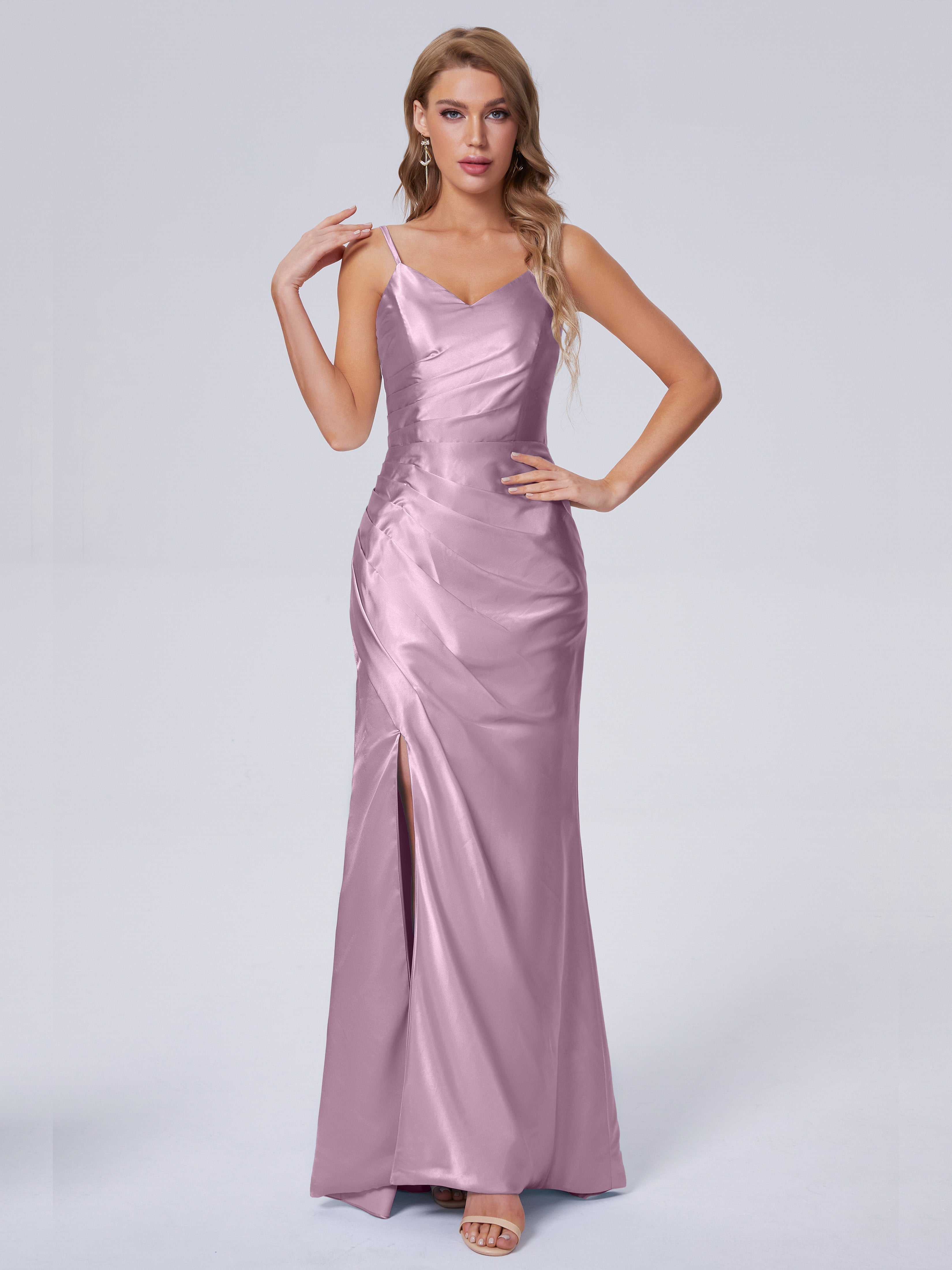 Makayla Simple Split Soft Satin Long Bridesmaid Dresses