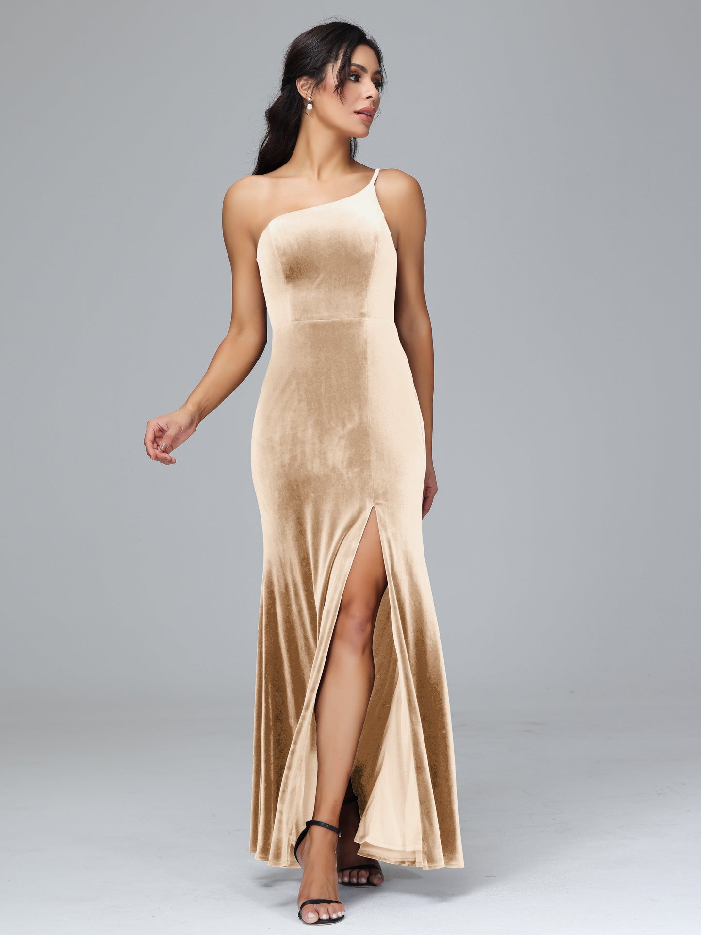 One Shoulder Velvet Bridesmaid Dress With Slit