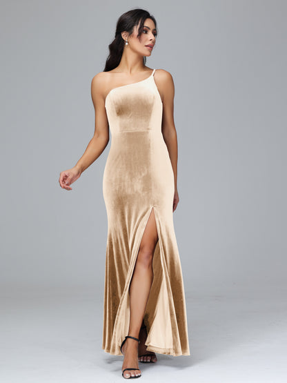 One Shoulder Velvet Bridesmaid Dress With Slit