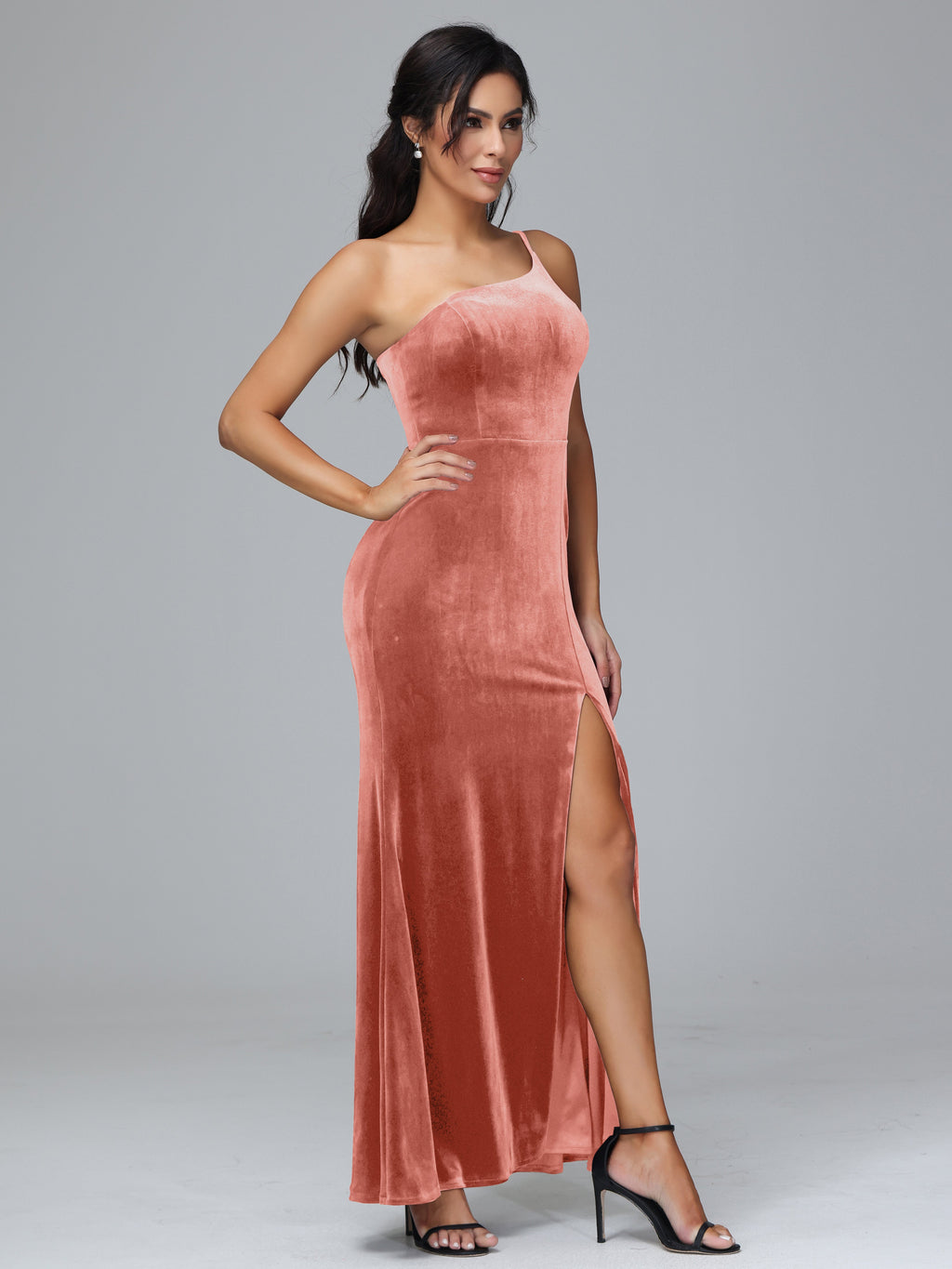 One Shoulder Velvet Bridesmaid Dress With Slit