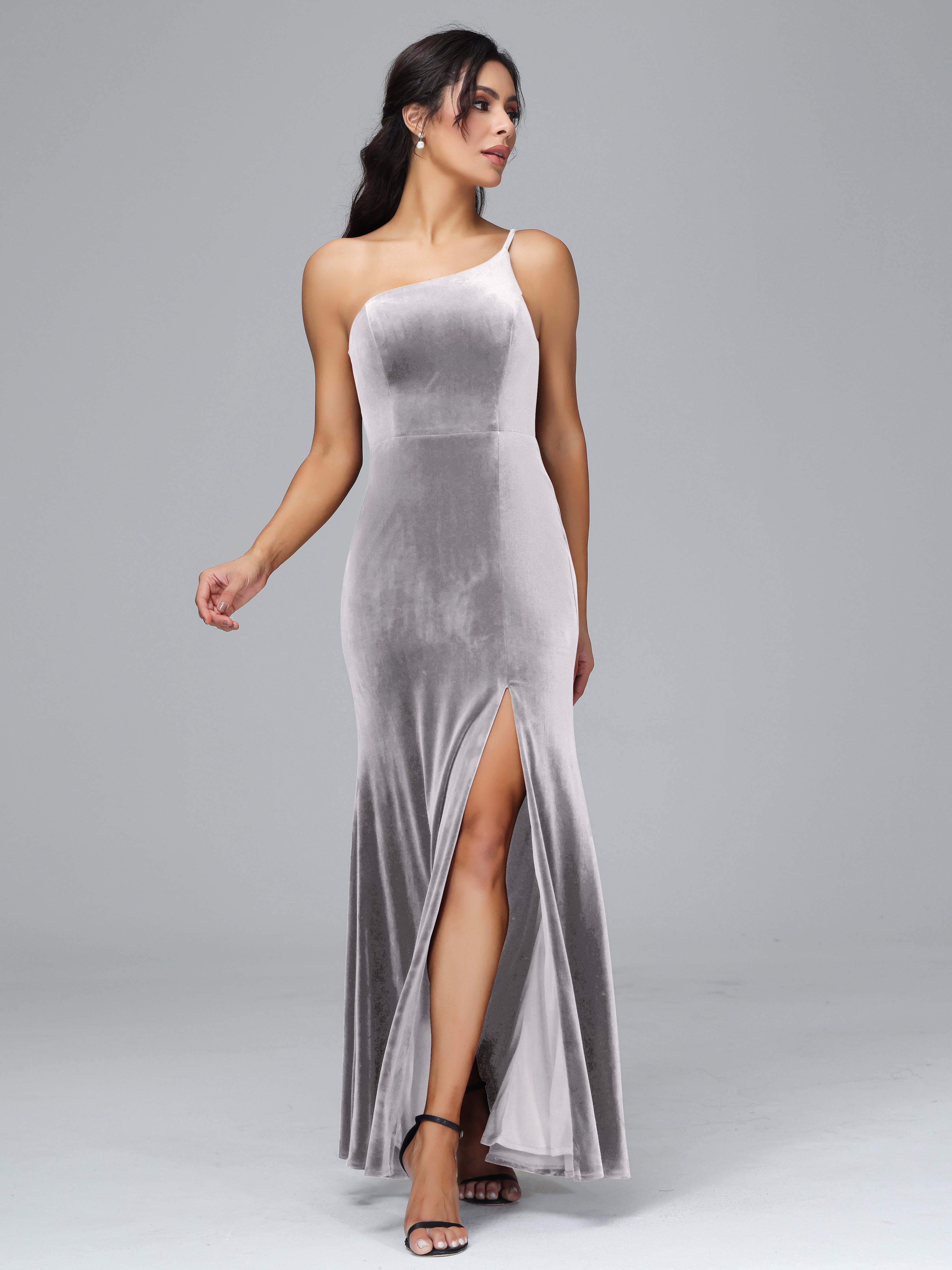 One Shoulder Velvet Bridesmaid Dress With Slit