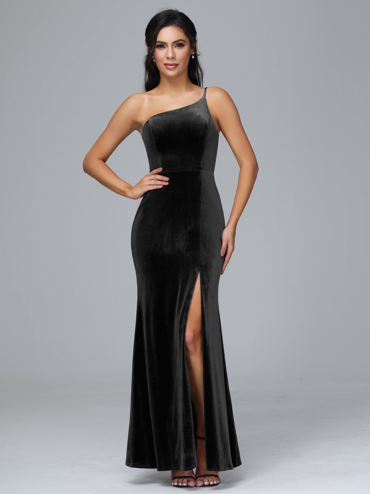 One Shoulder Velvet Bridesmaid Dress With Slit