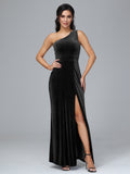 One Shoulder Plus Size Velvet Bridesmaid Dress With Slit