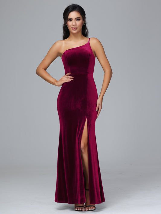 One Shoulder Velvet Bridesmaid Dress With Slit