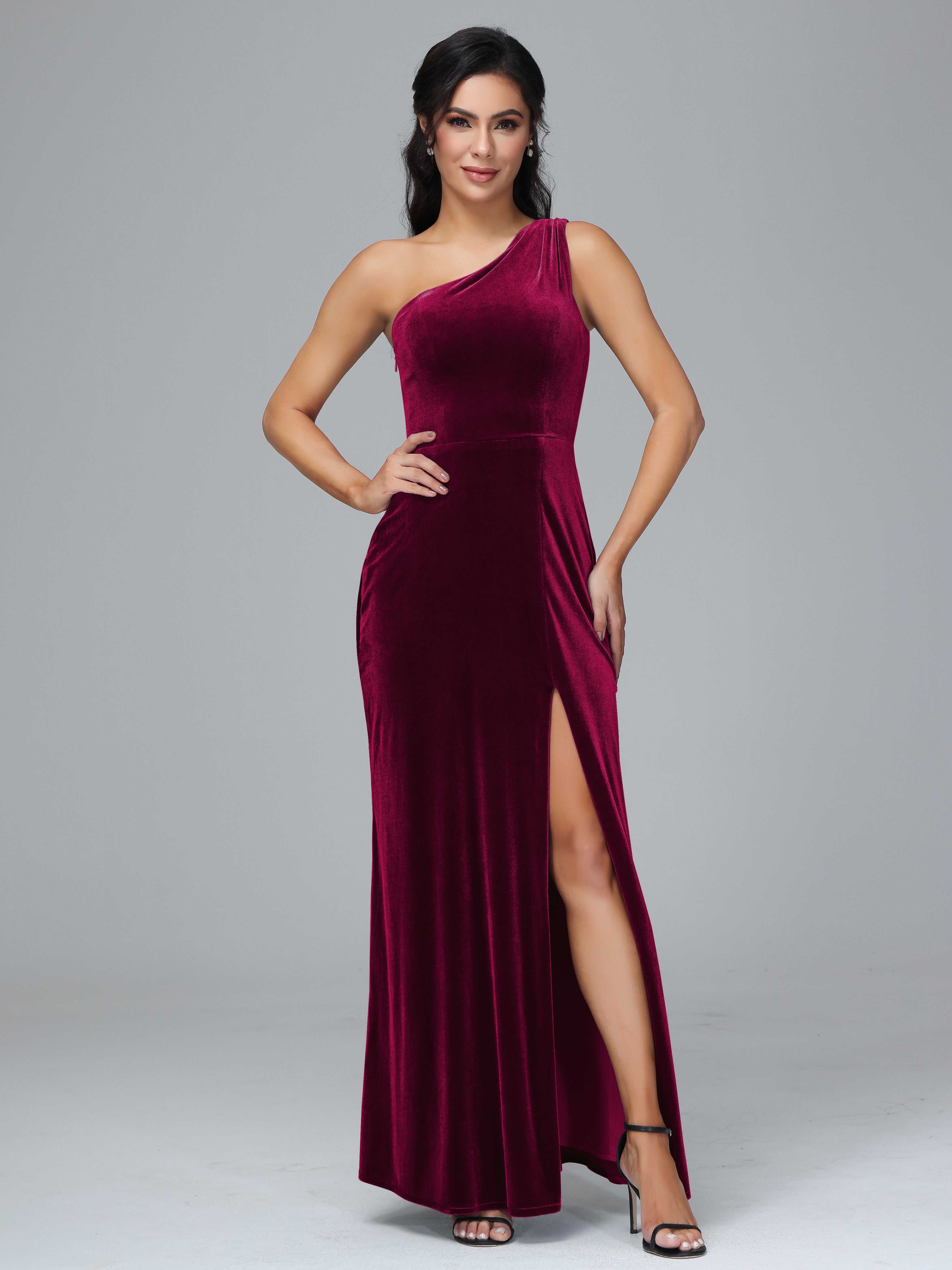 One Shoulder Velvet Bridesmaid Dress With Slit