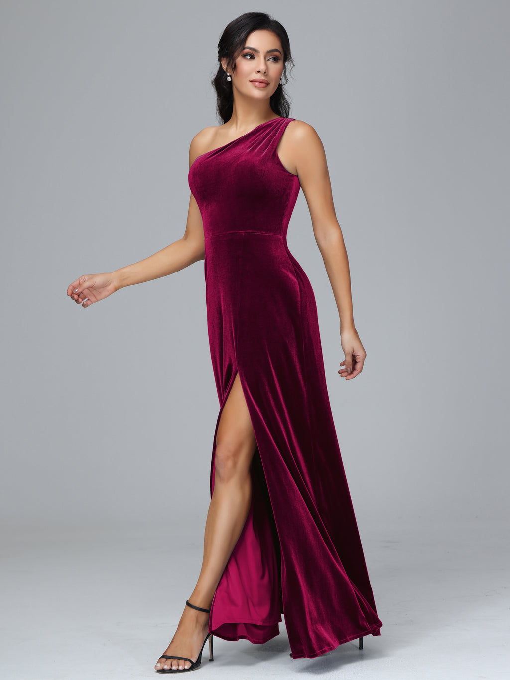 One Shoulder Plus Size Velvet Bridesmaid Dress With Slit