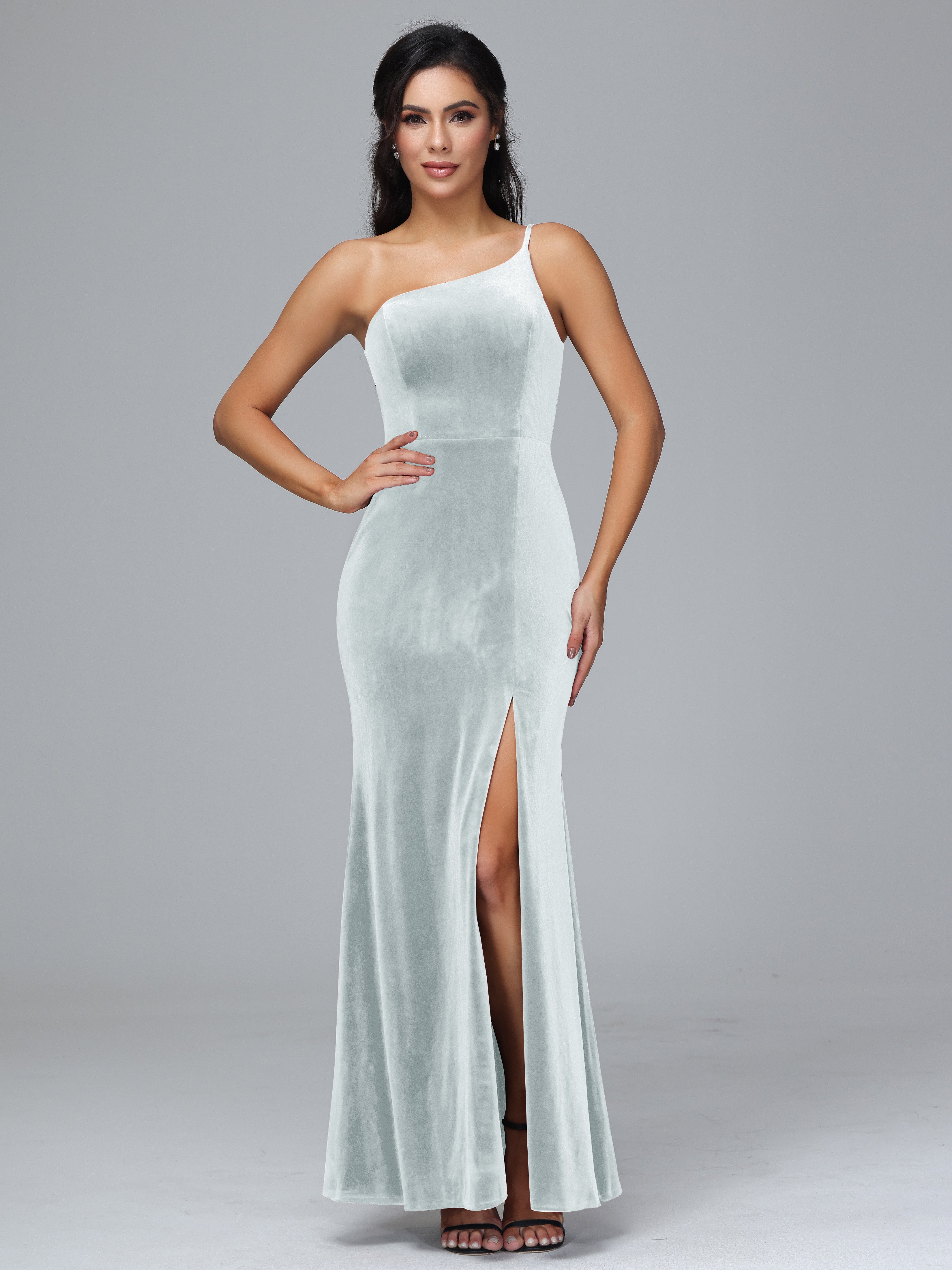 One Shoulder Velvet Bridesmaid Dress With Slit