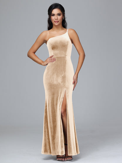 One Shoulder Velvet Bridesmaid Dress With Slit