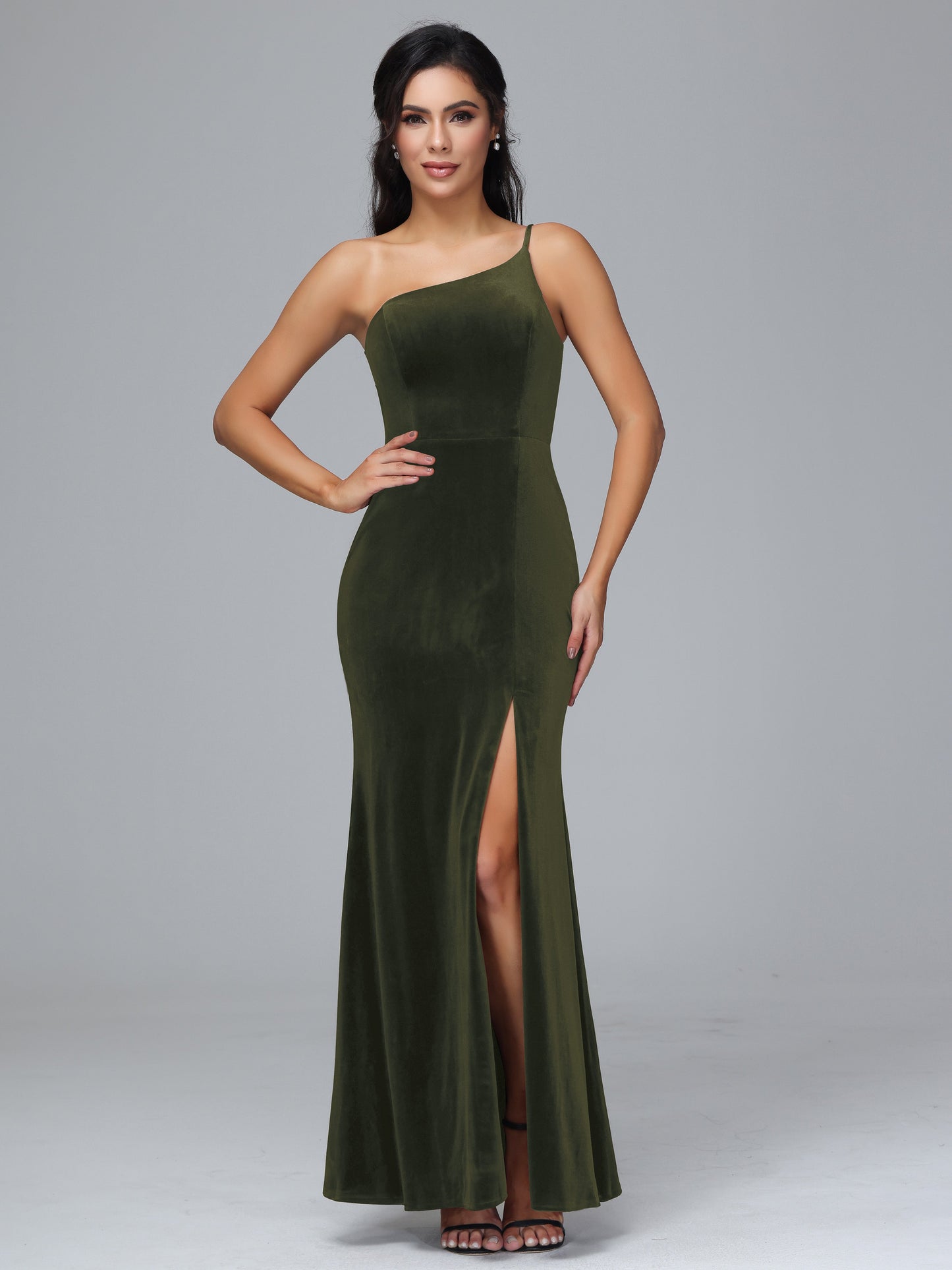 One Shoulder Velvet Bridesmaid Dress With Slit