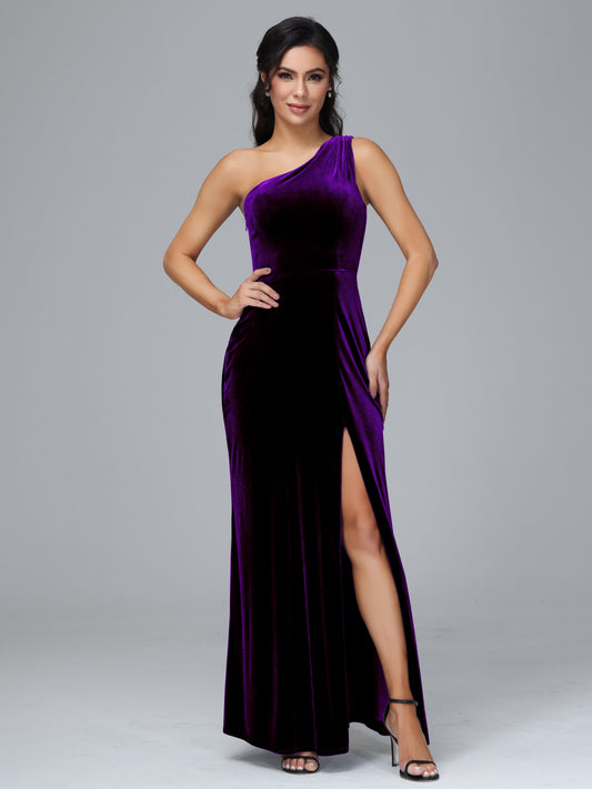 One Shoulder Velvet Bridesmaid Dress With Slit