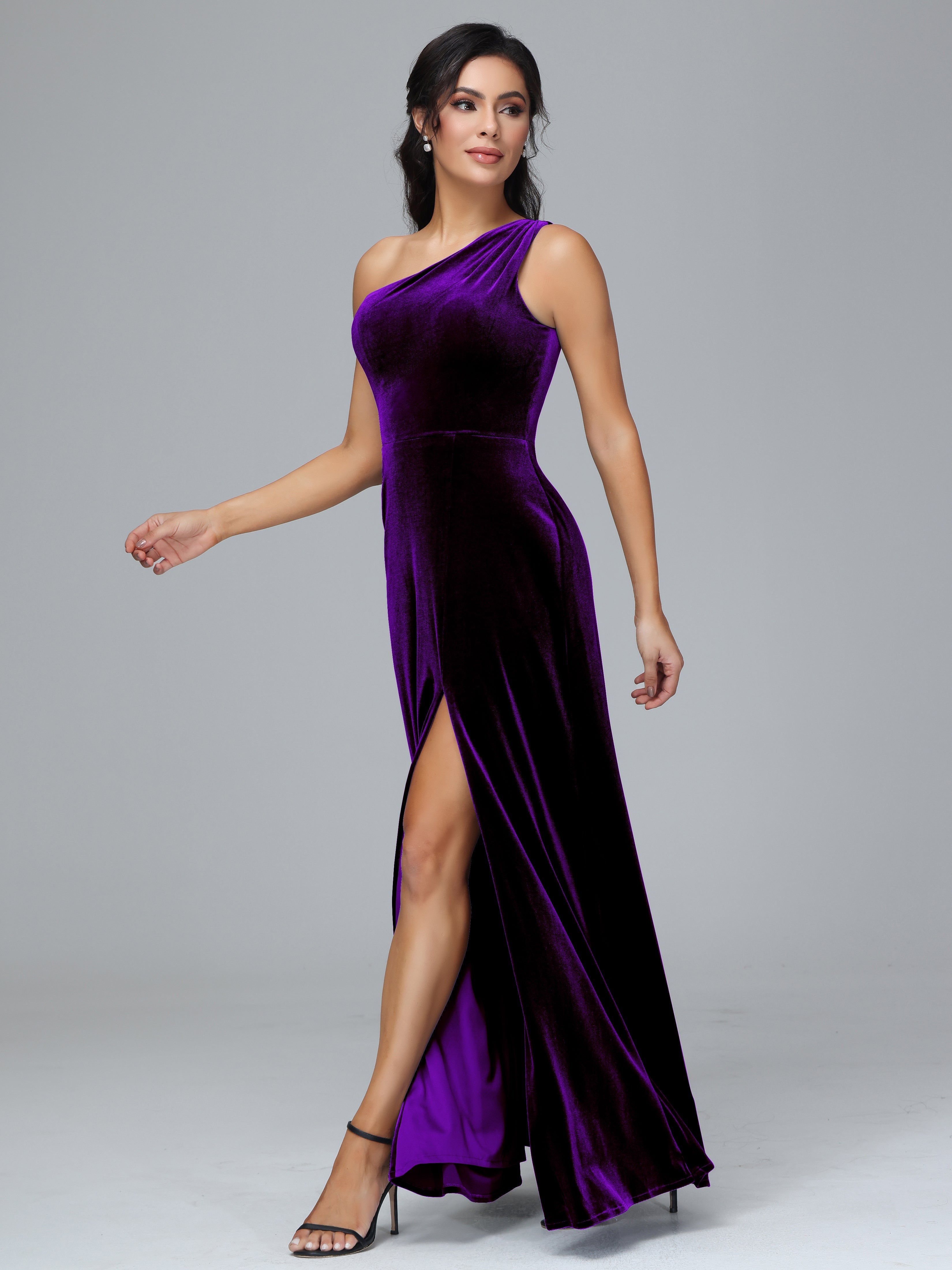 One Shoulder Plus Size Velvet Bridesmaid Dress With Slit