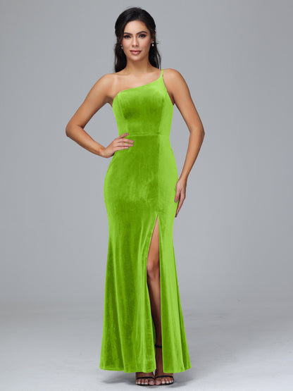 One Shoulder Velvet Bridesmaid Dress With Slit