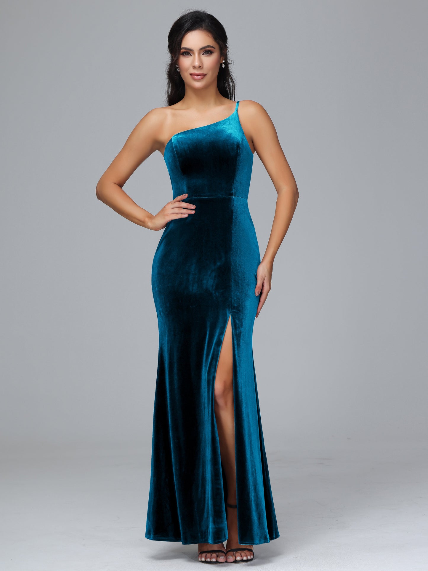 One Shoulder Velvet Bridesmaid Dress With Slit