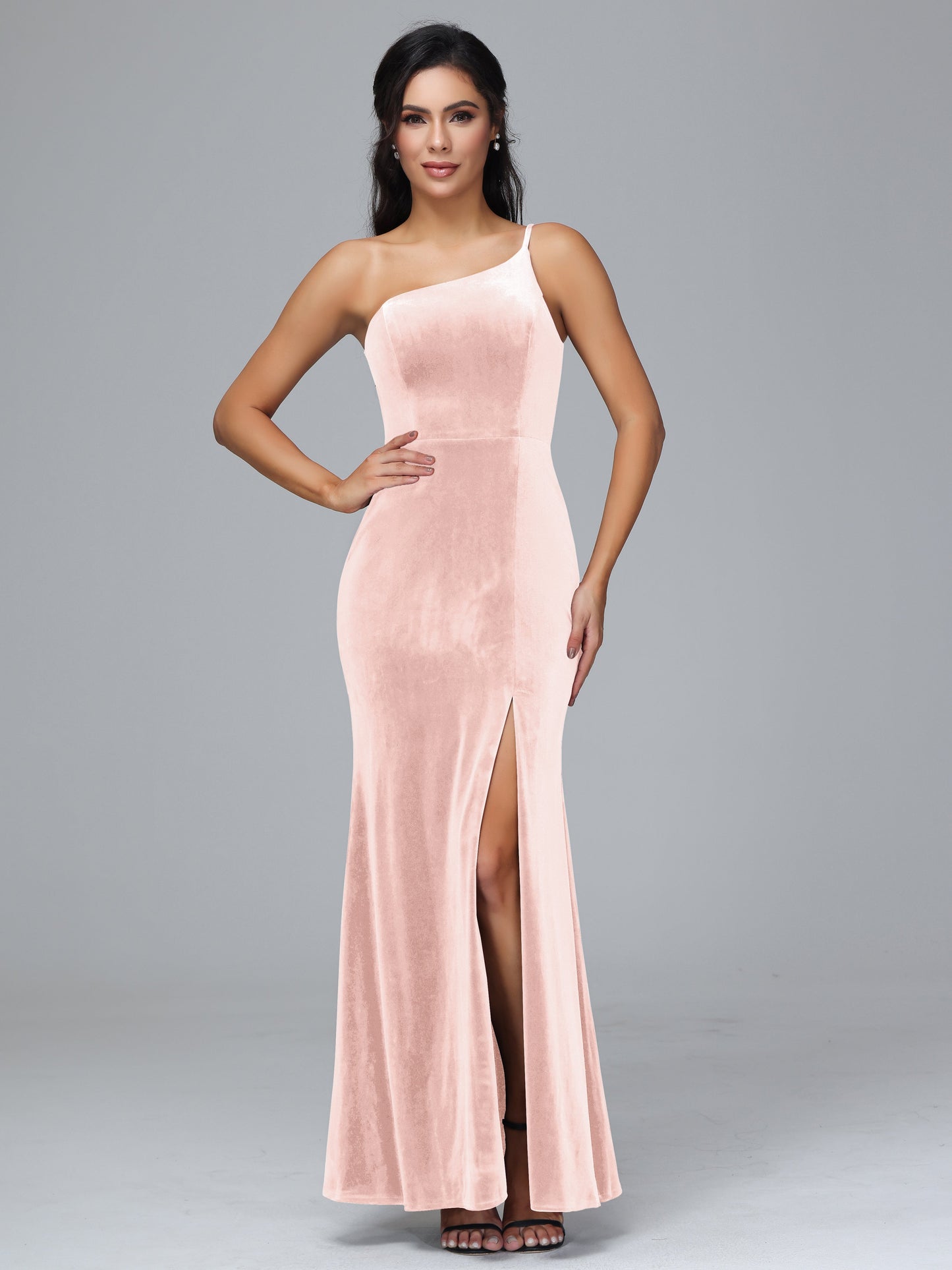 One Shoulder Velvet Bridesmaid Dress With Slit