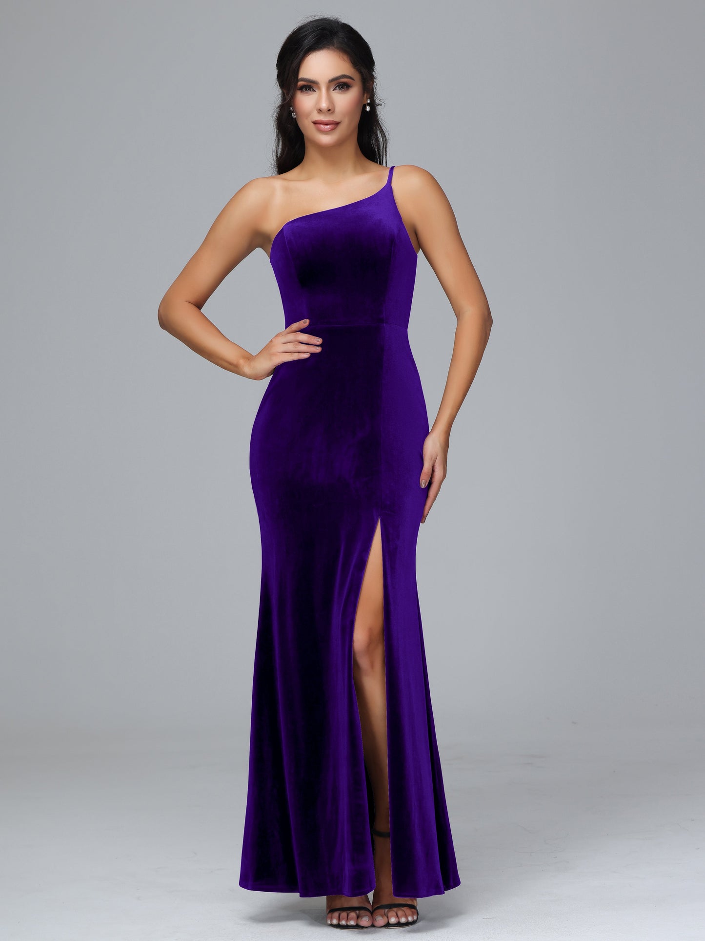 One Shoulder Velvet Bridesmaid Dress With Slit