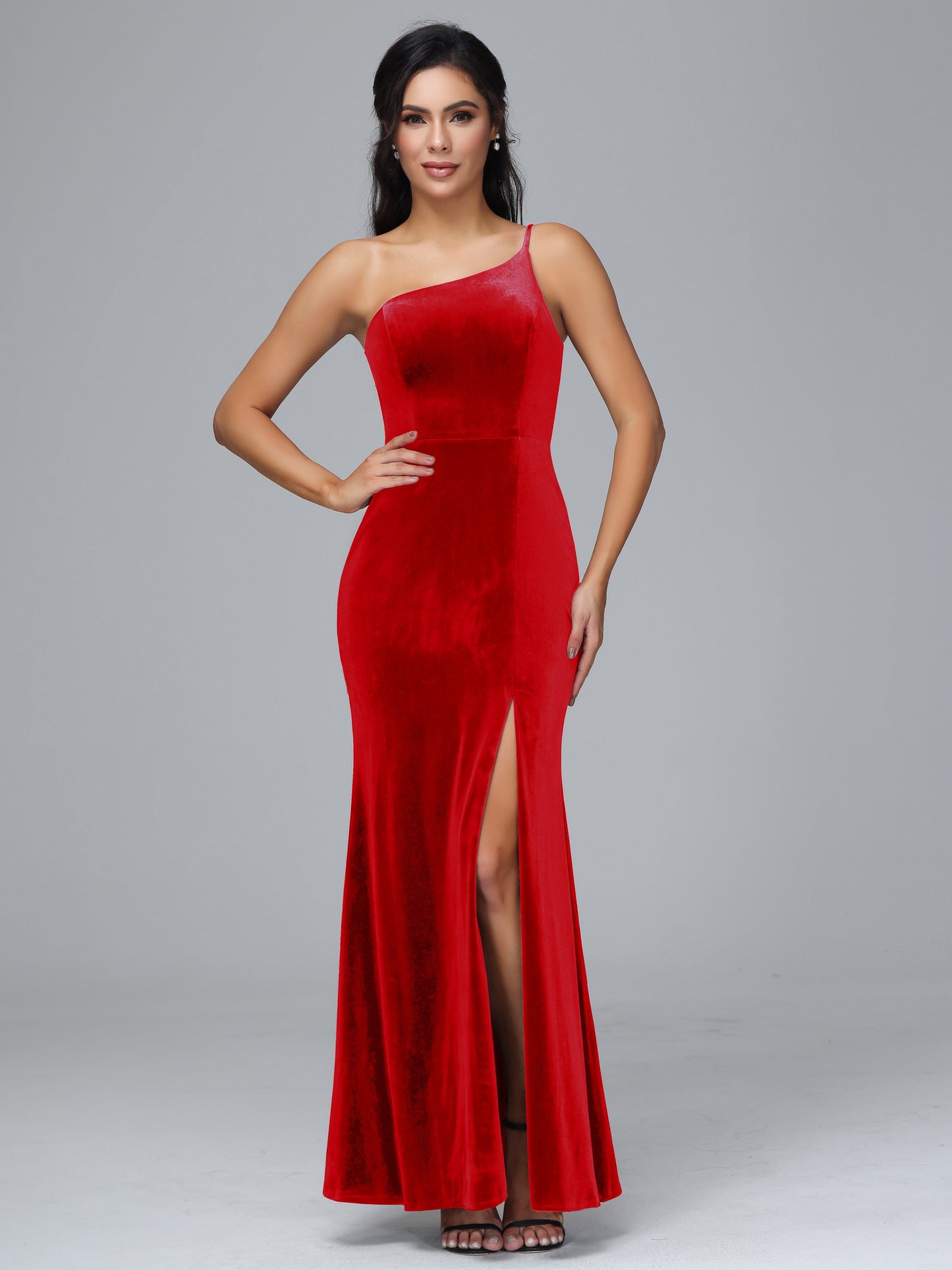 One Shoulder Velvet Bridesmaid Dress With Slit