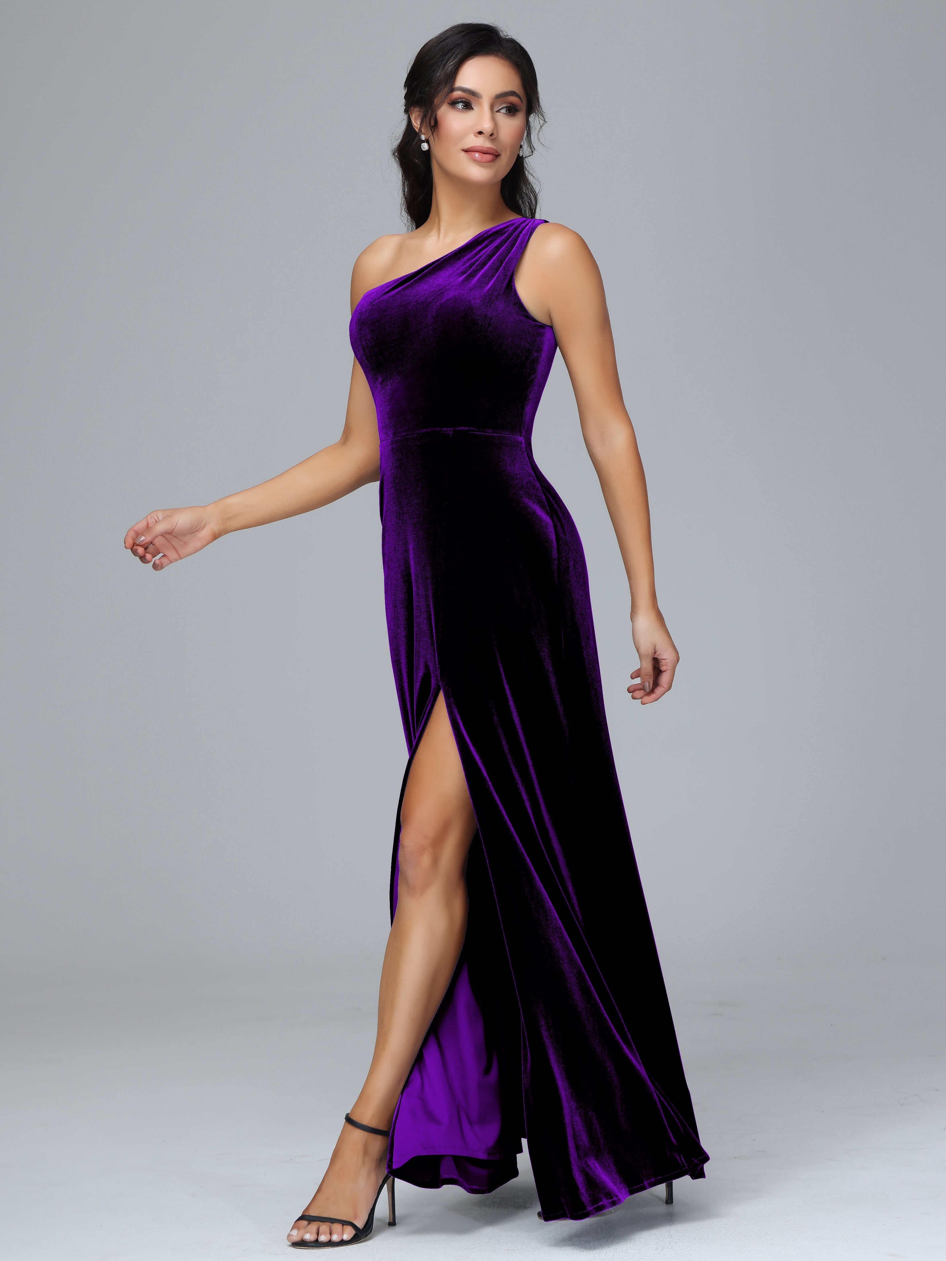 One Shoulder Plus Size Velvet Bridesmaid Dress With Slit