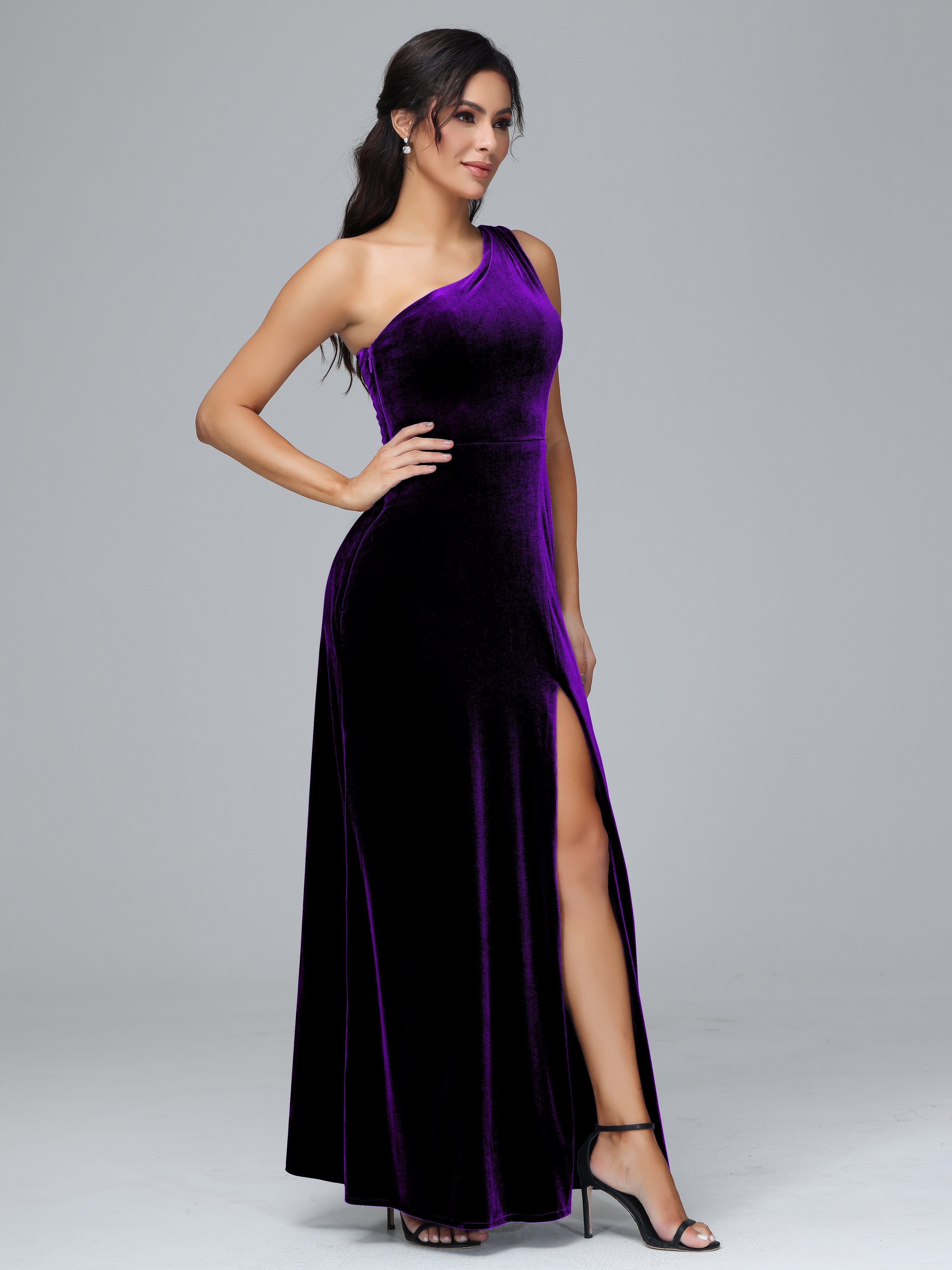 One Shoulder Plus Size Velvet Bridesmaid Dress With Slit