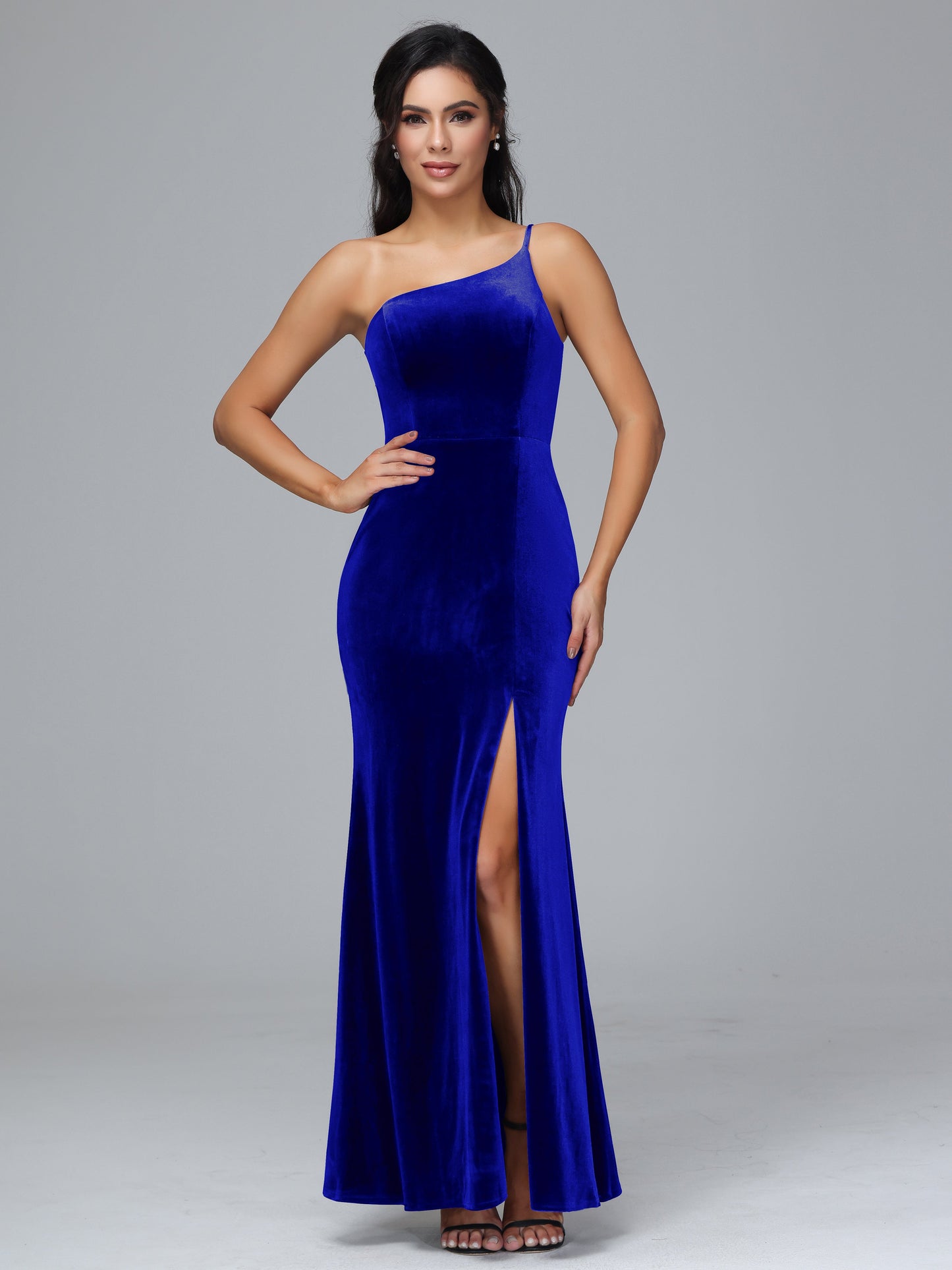 One Shoulder Velvet Bridesmaid Dress With Slit