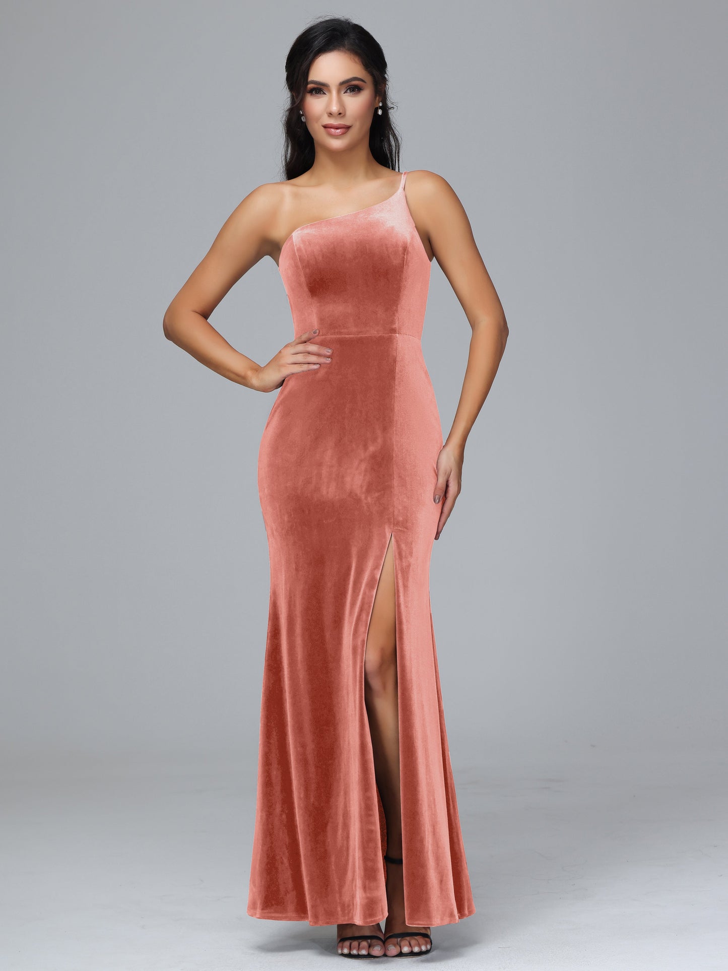 One Shoulder Velvet Bridesmaid Dress With Slit