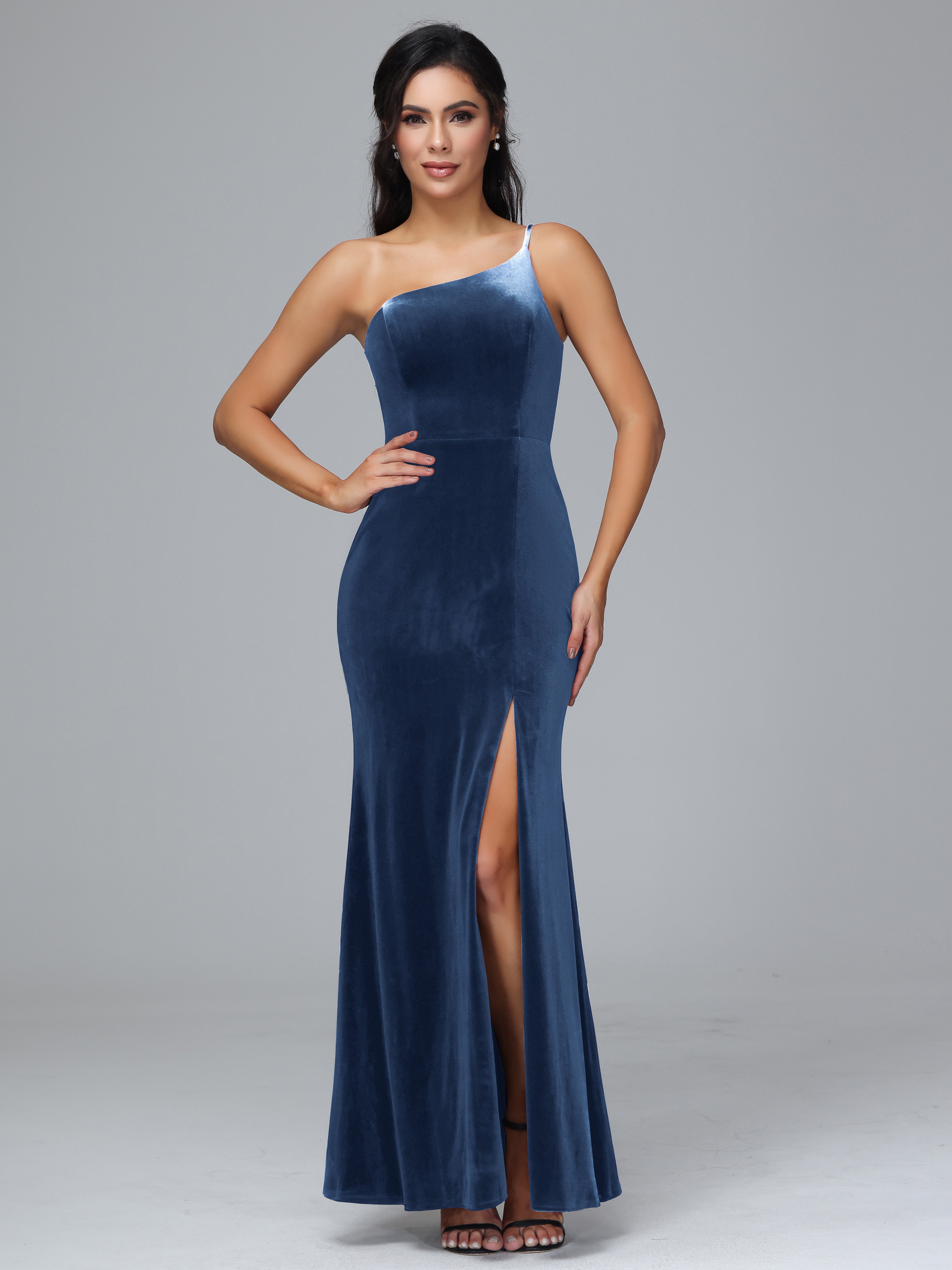One Shoulder Velvet Bridesmaid Dress With Slit