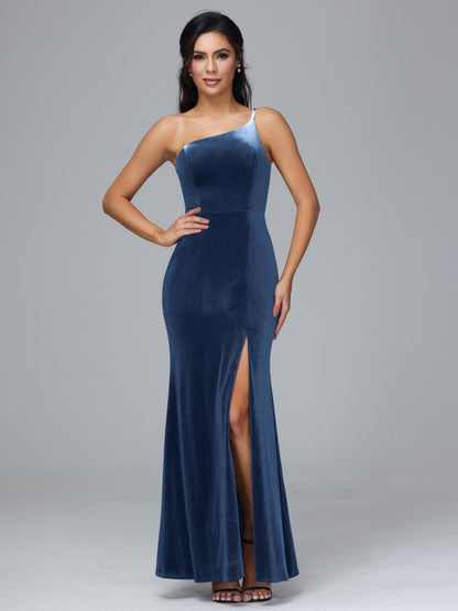 One Shoulder Velvet Bridesmaid Dress With Slit