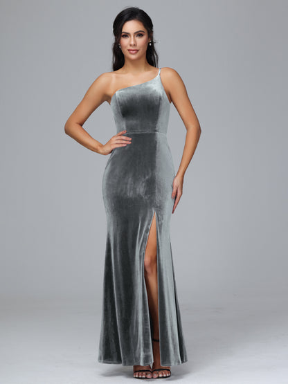 One Shoulder Velvet Bridesmaid Dress With Slit