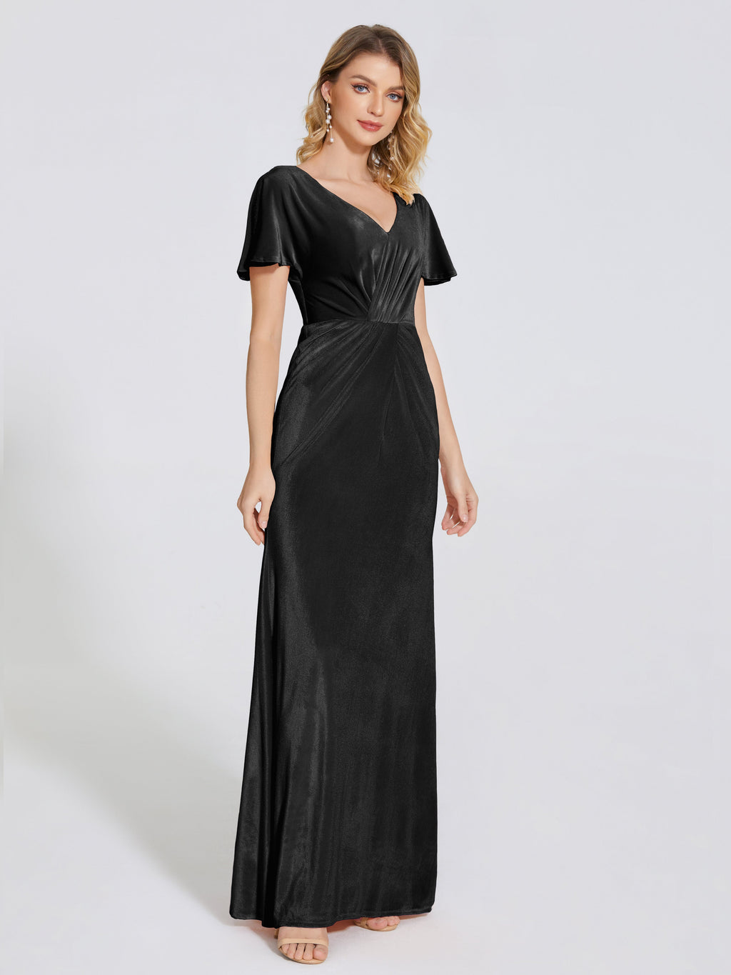 Summer Sheath Velvet Bridesmaid Dress With Short Sleeves