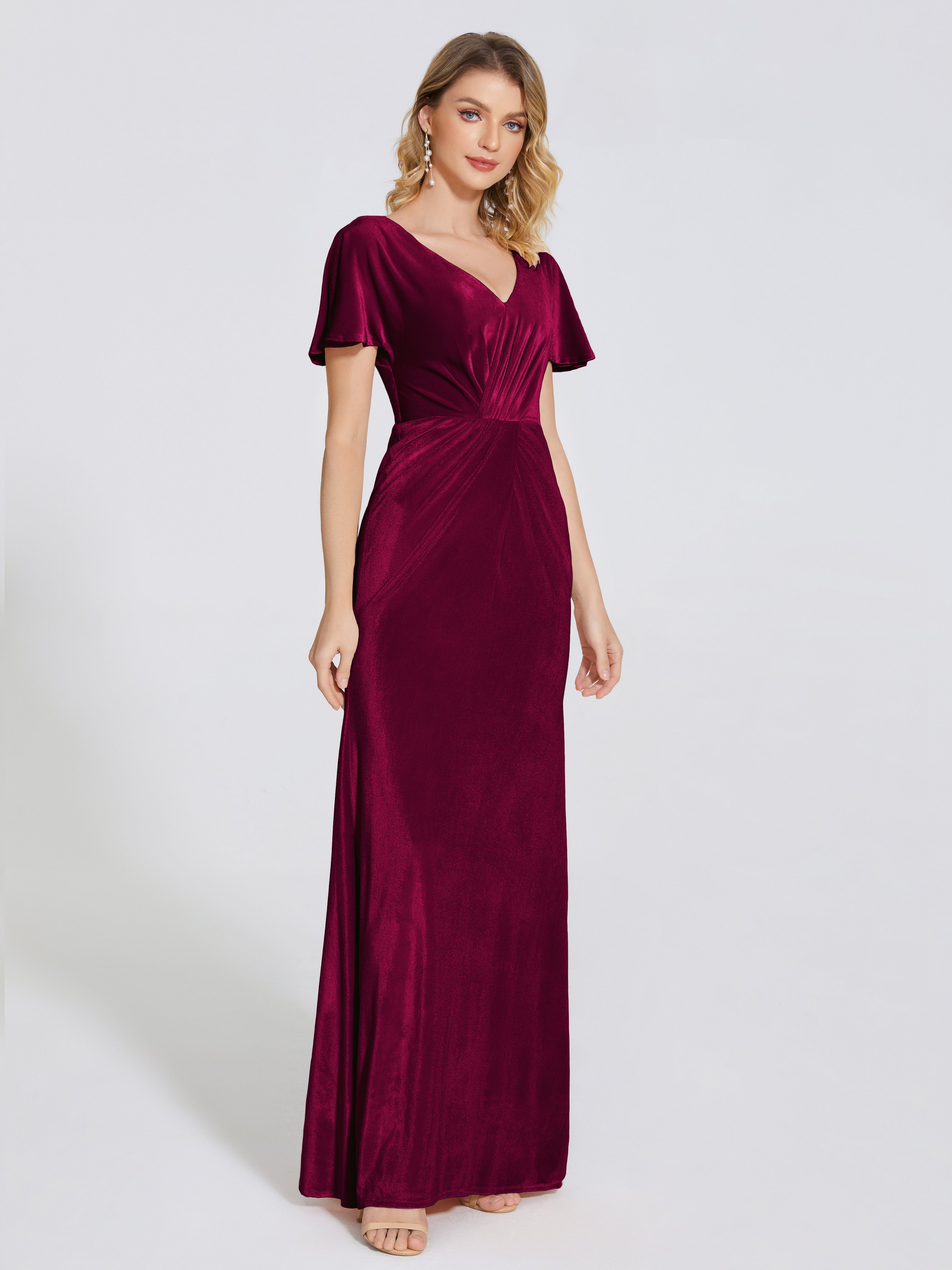 Summer Sheath Velvet Bridesmaid Dress With Short Sleeves