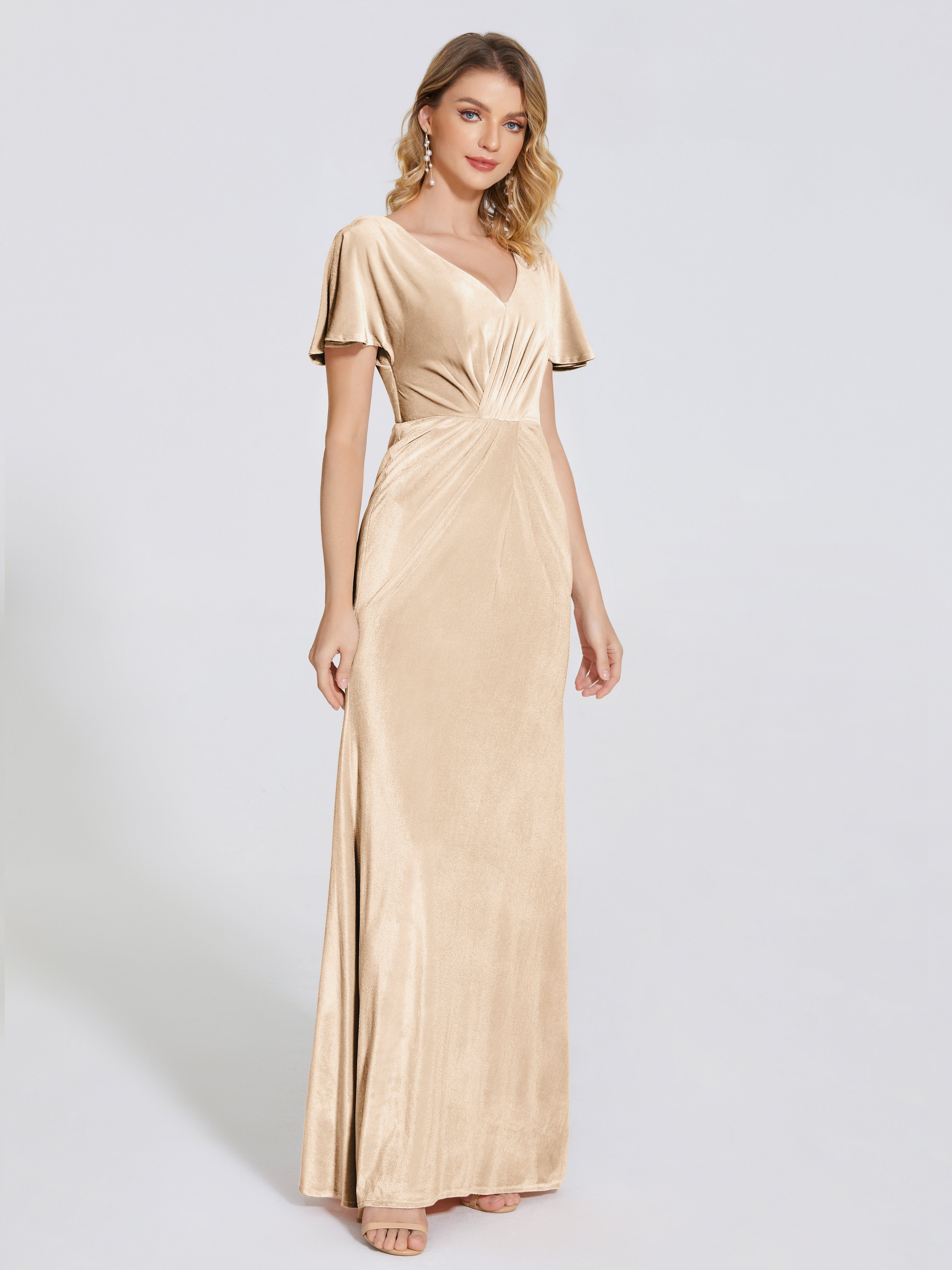 Summer Sheath Velvet Bridesmaid Dress With Short Sleeves
