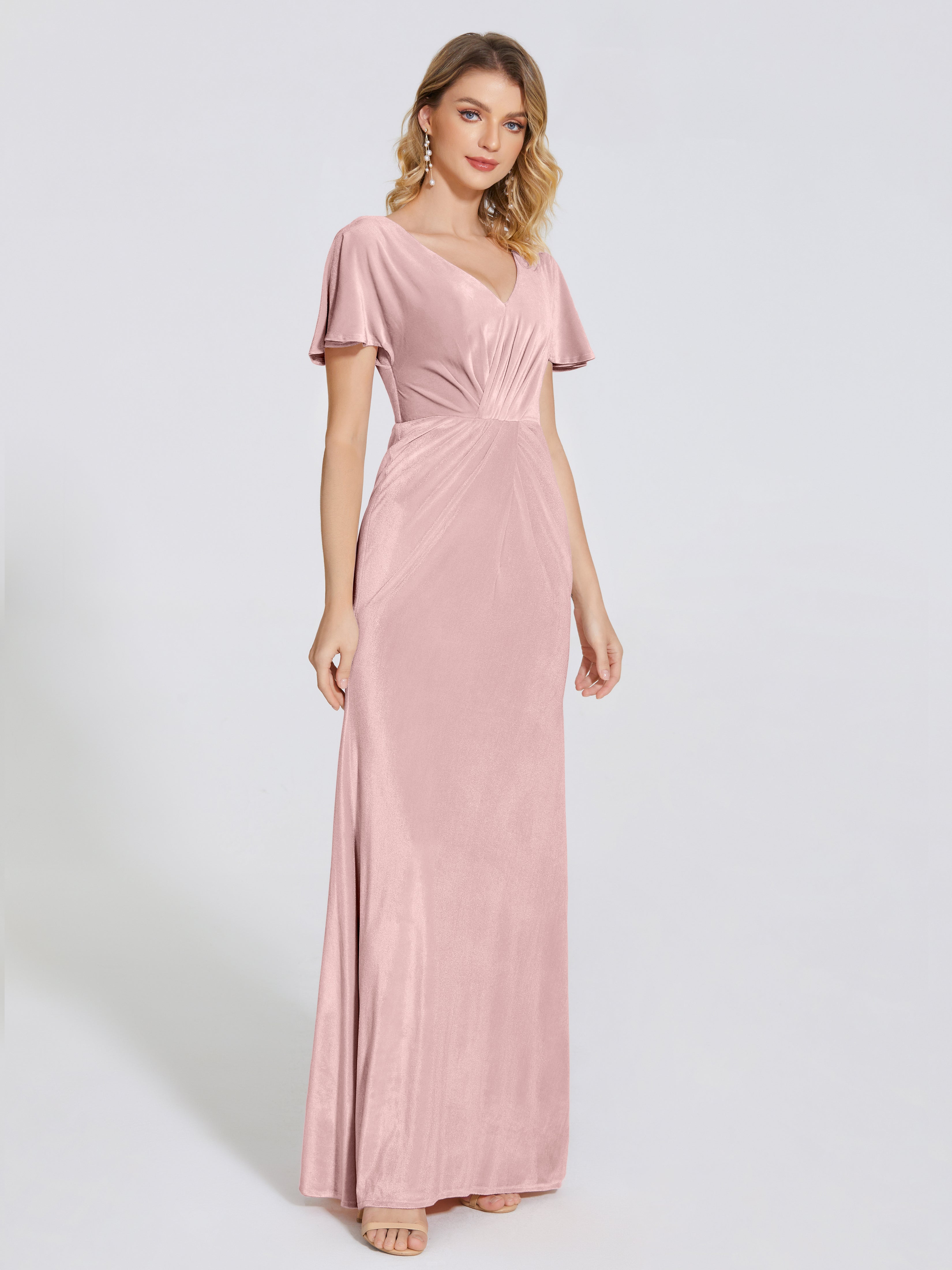 Summer Sheath Velvet Bridesmaid Dress With Short Sleeves