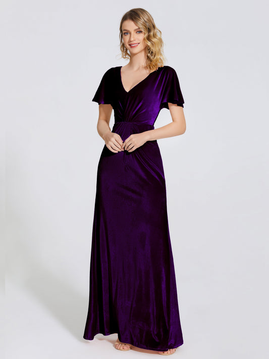 Summer Sheath Velvet Bridesmaid Dress With Short Sleeves