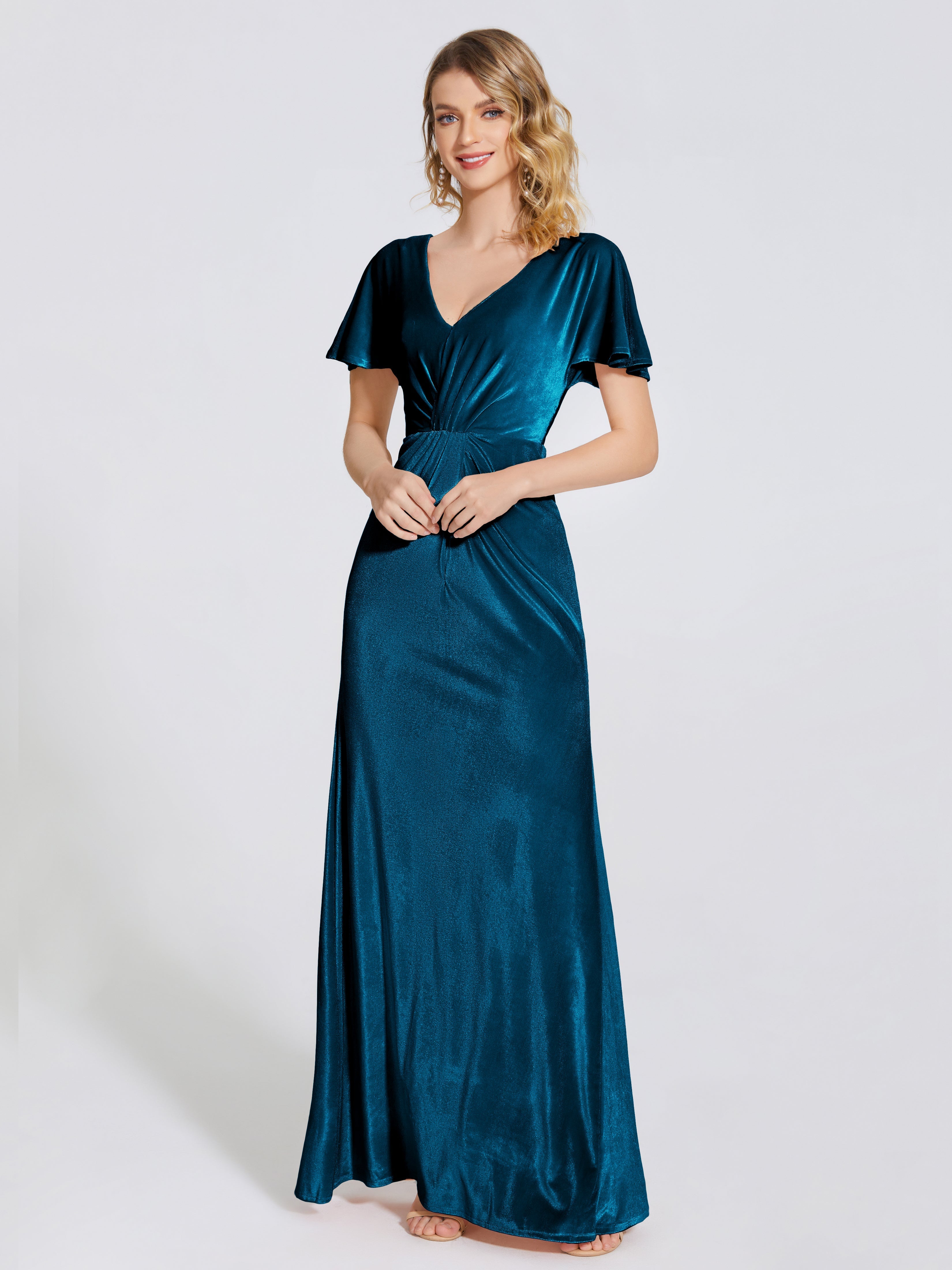 Summer Sheath Velvet Bridesmaid Dress With Short Sleeves