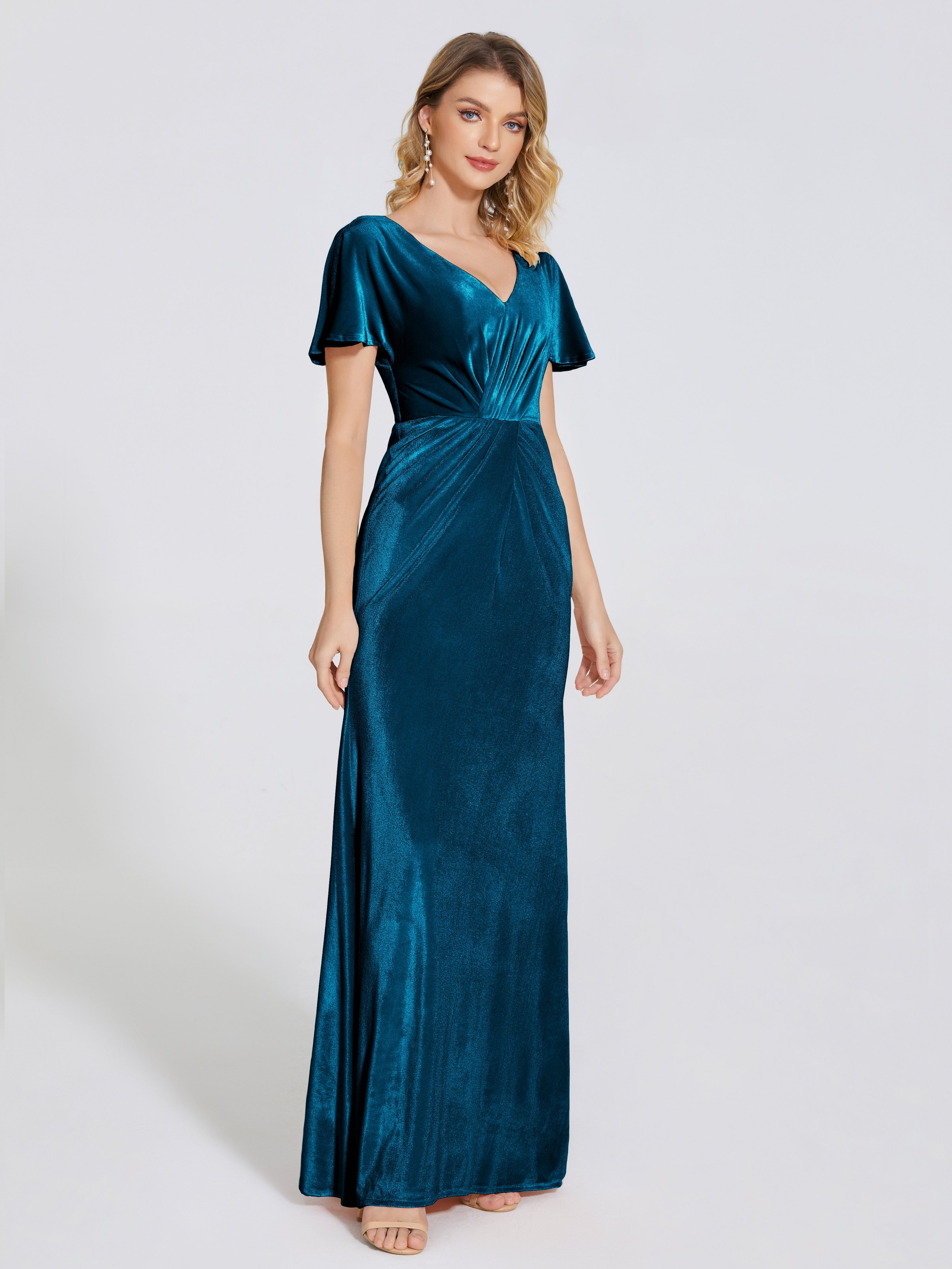 Summer Sheath Velvet Bridesmaid Dress With Short Sleeves