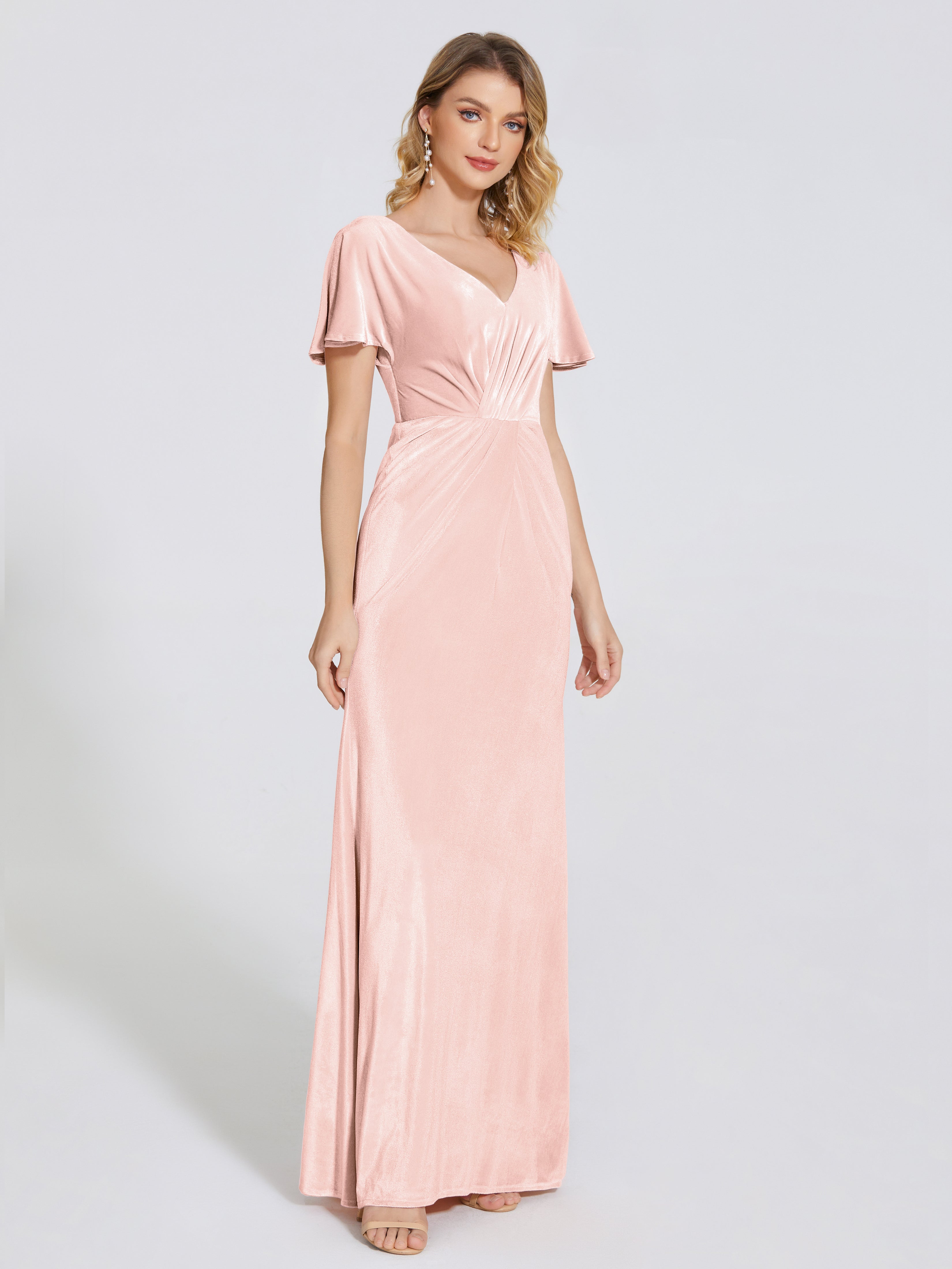 Summer Sheath Velvet Bridesmaid Dress With Short Sleeves