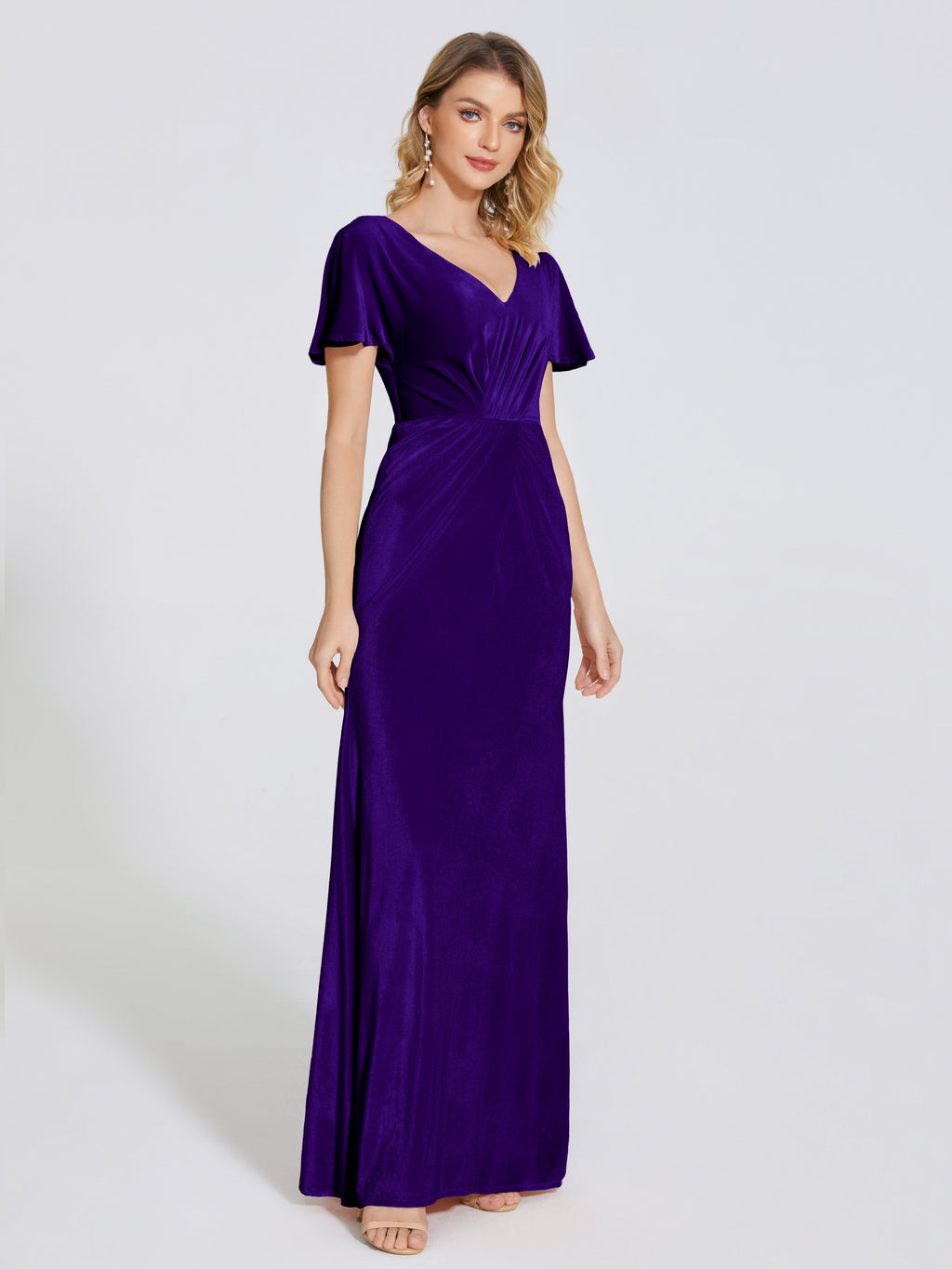 Summer Sheath Velvet Bridesmaid Dress With Short Sleeves